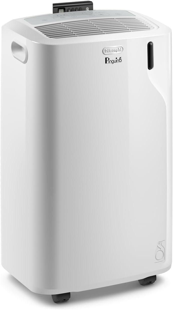De'Longhi Pinguino PACEM77, Condizionatore Portatile Silenzioso 9.000 BTU/h, 2.1 kW, 70m3, Gas R290, 63 dB, Funzione Deumidificatore, Timer 24 ore, Classe Energetica A, Bianco