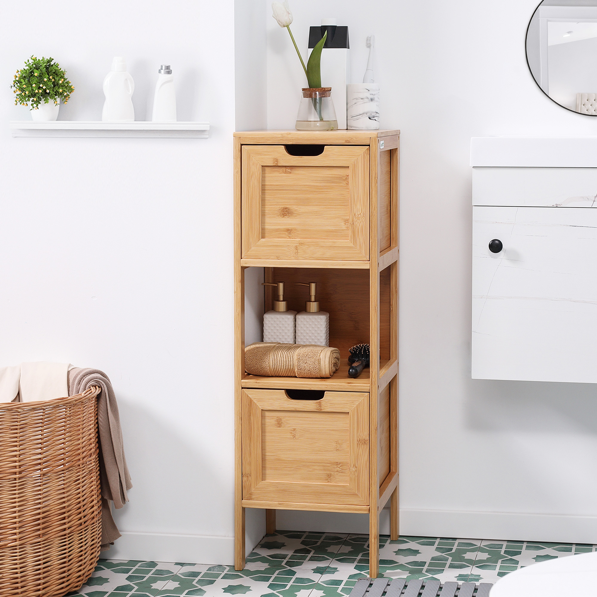 kleankin Badezimmerschrank aus Bambus, 1 Regal, 2 Schubladen, 30 cm x 30 cm x 90 cm; Natur
