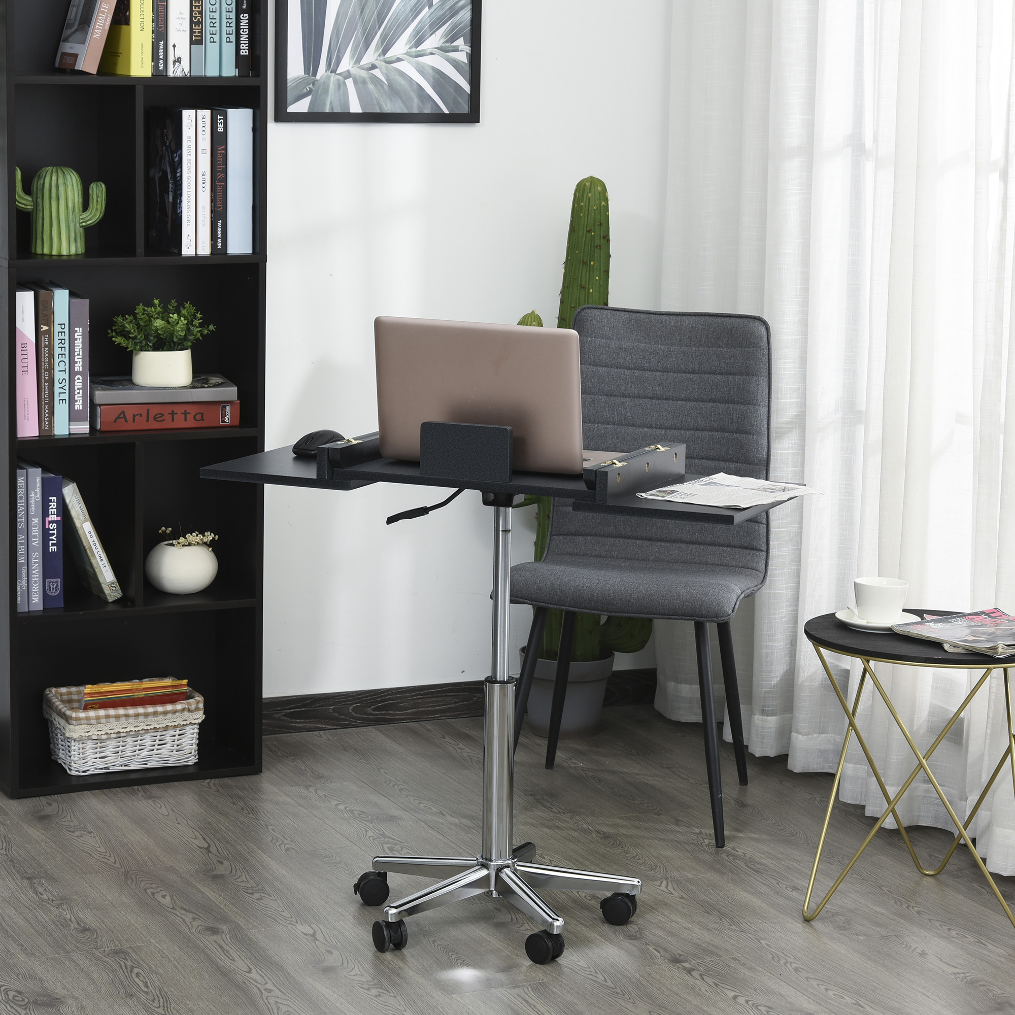 HOMCOM Laptoptisch Laptop Ständer Notebooktisch mit Rollen höhenverstellbar klappbar Computer Tablet Stahl + MDF Schwarz 90,5 x 36 x 65-90 cm