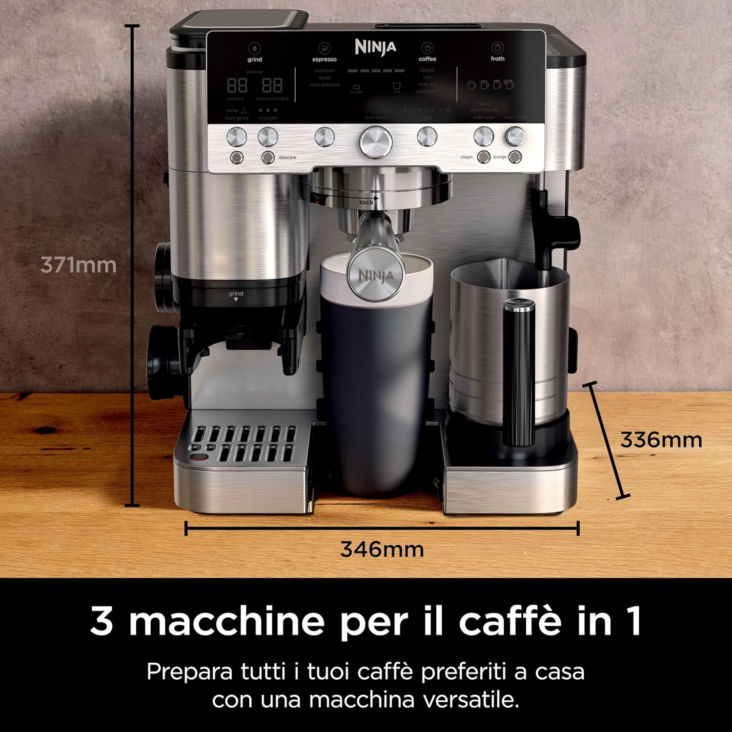 Ninja Luxe Premiere Macchina Caffè 3 in 1, Macchina Latte, Cappuccino, Caffè Freddo, Espresso con Macinacaffè Integrato, Montalatte, Facile da usare, 4 Programmi Automatici Schiuma, Argento, ES601EU