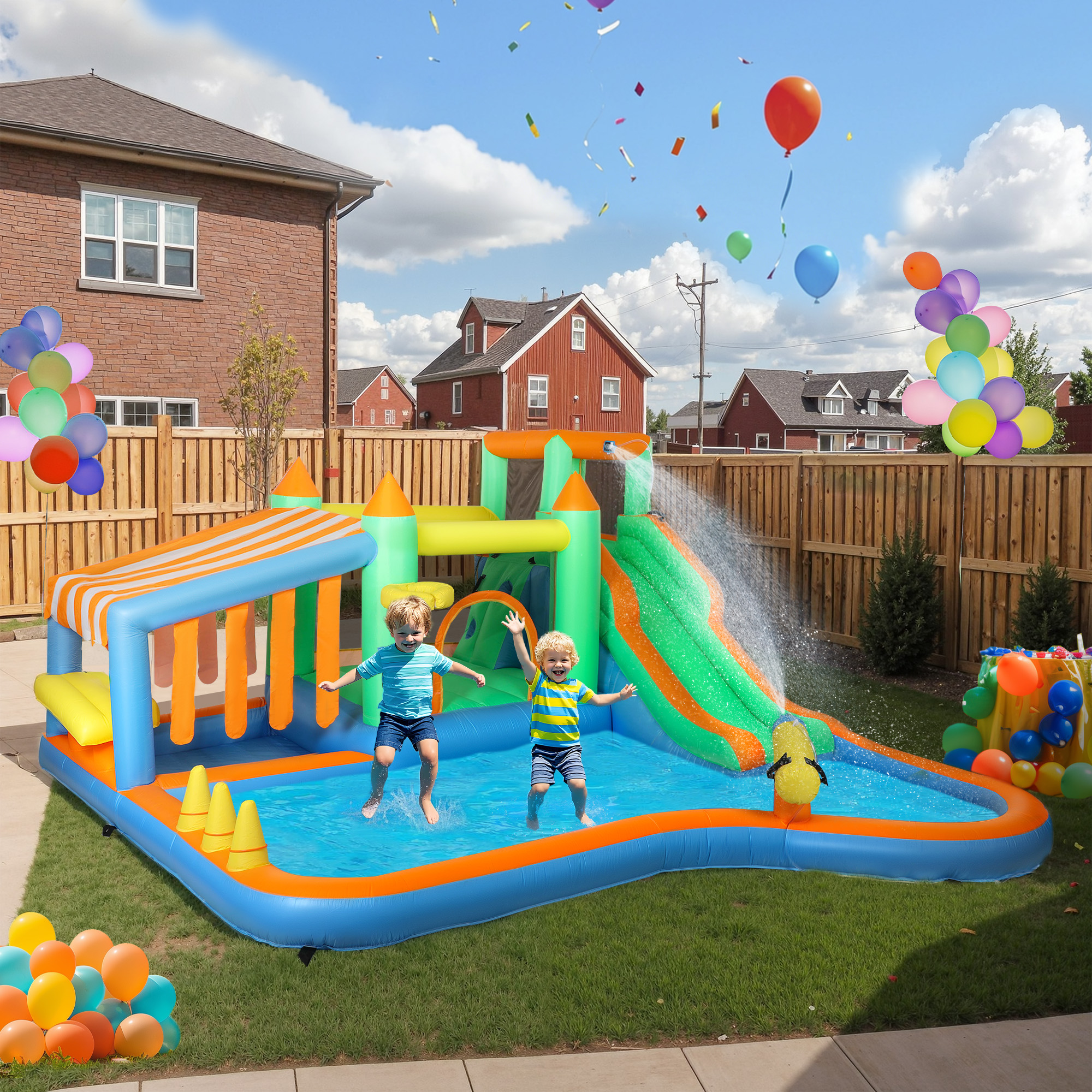 AIYAPLAY Hüpfburg für Kinder, mit Wasserrutsche, Planschbecken, Kletterwand, für drinnen und draußen, 416 x 370 x 195 cm, Bunt