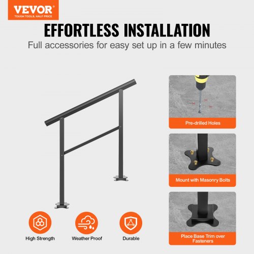 VEVOR Handlauf aus Aluminium Treppengeländer 91,4 x 89,5 cm Geländer mit Querstreben Brüstung 75 kg Tragfähigkeit 0-50 Grad Anpassung an Treppe Handlauf Außen Geeignet für 2 bis 3 Stufen Treppe
