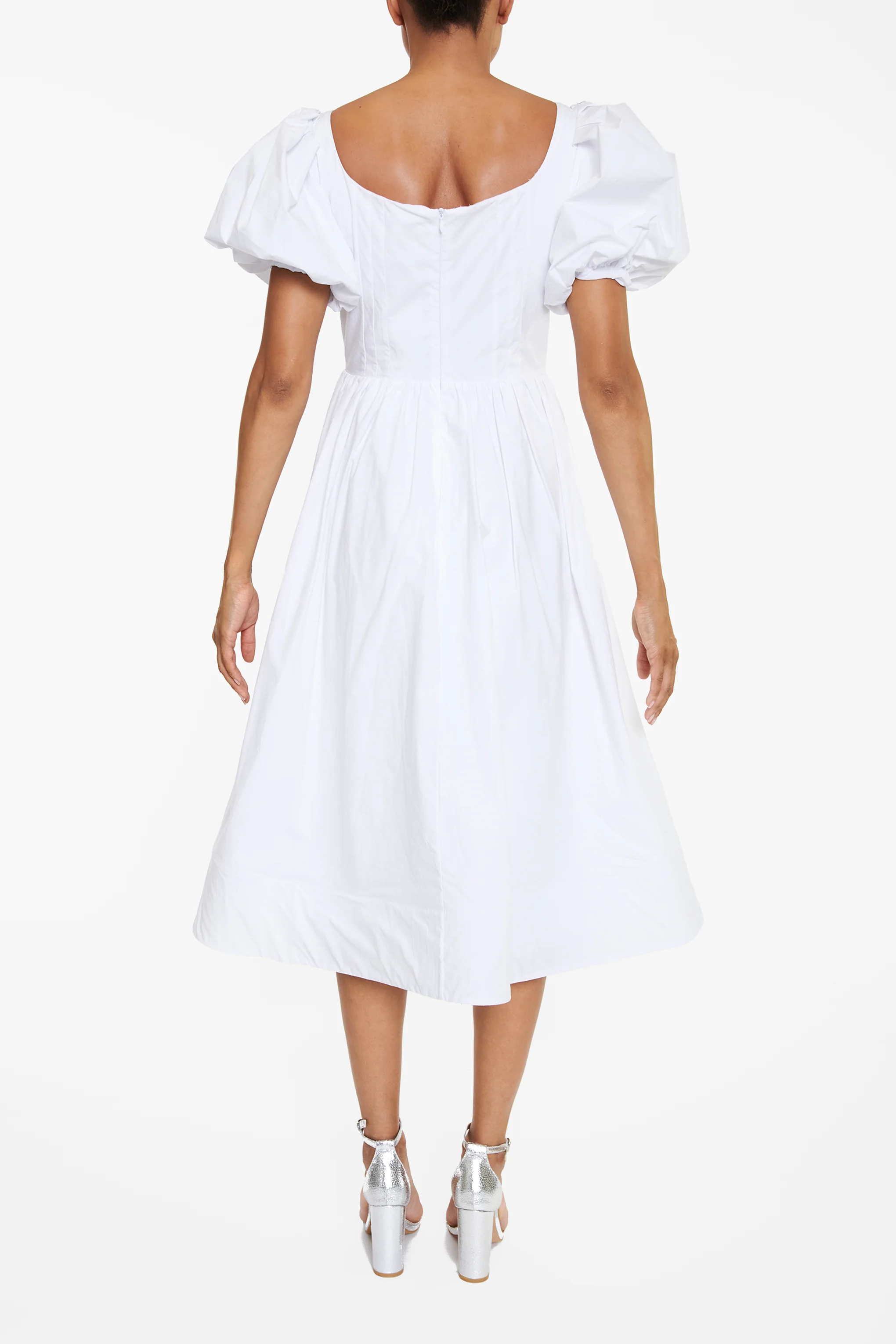 Madison White Puff-Sleeve Corset Midi Skater-Dress