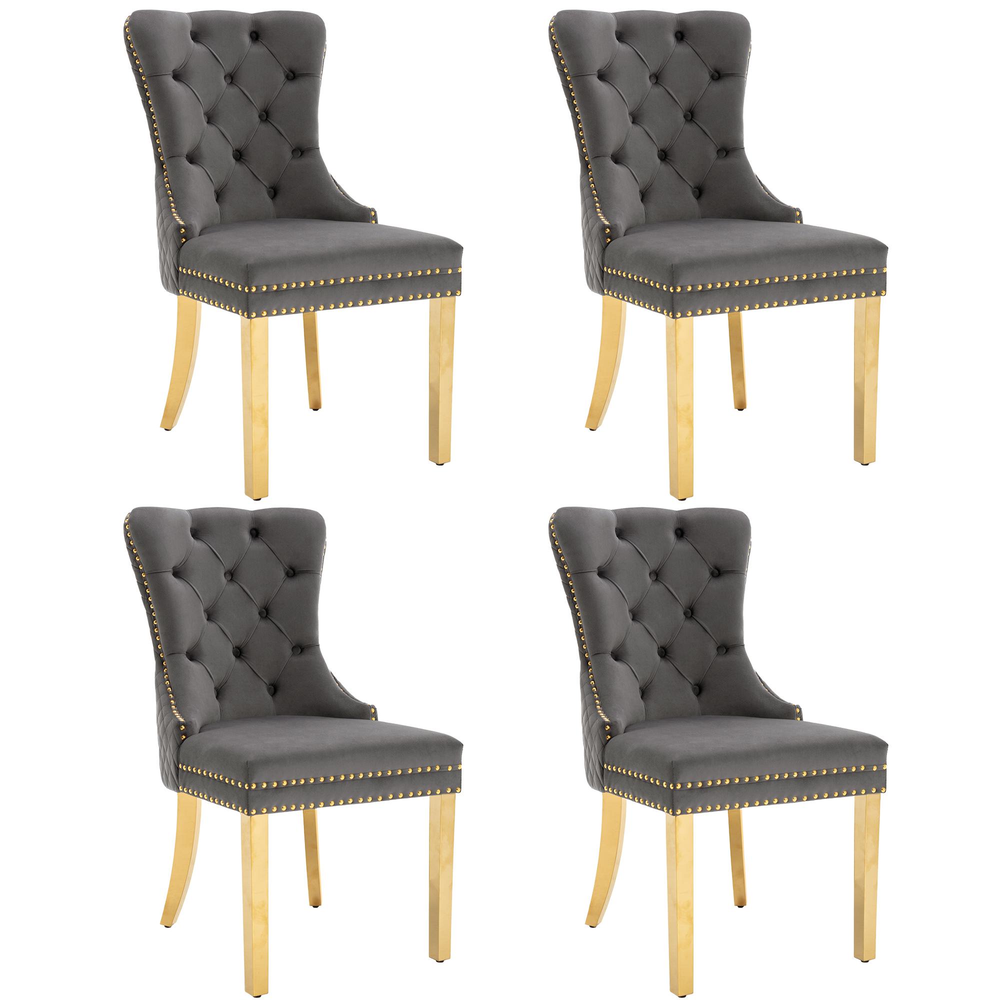 Set aus 4 Esszimmerstuhl mit einzigartigen runden Zugringen, Polsterstuhl mit Nagelkopfbesatz, 51×65,5×95 cm, Grau