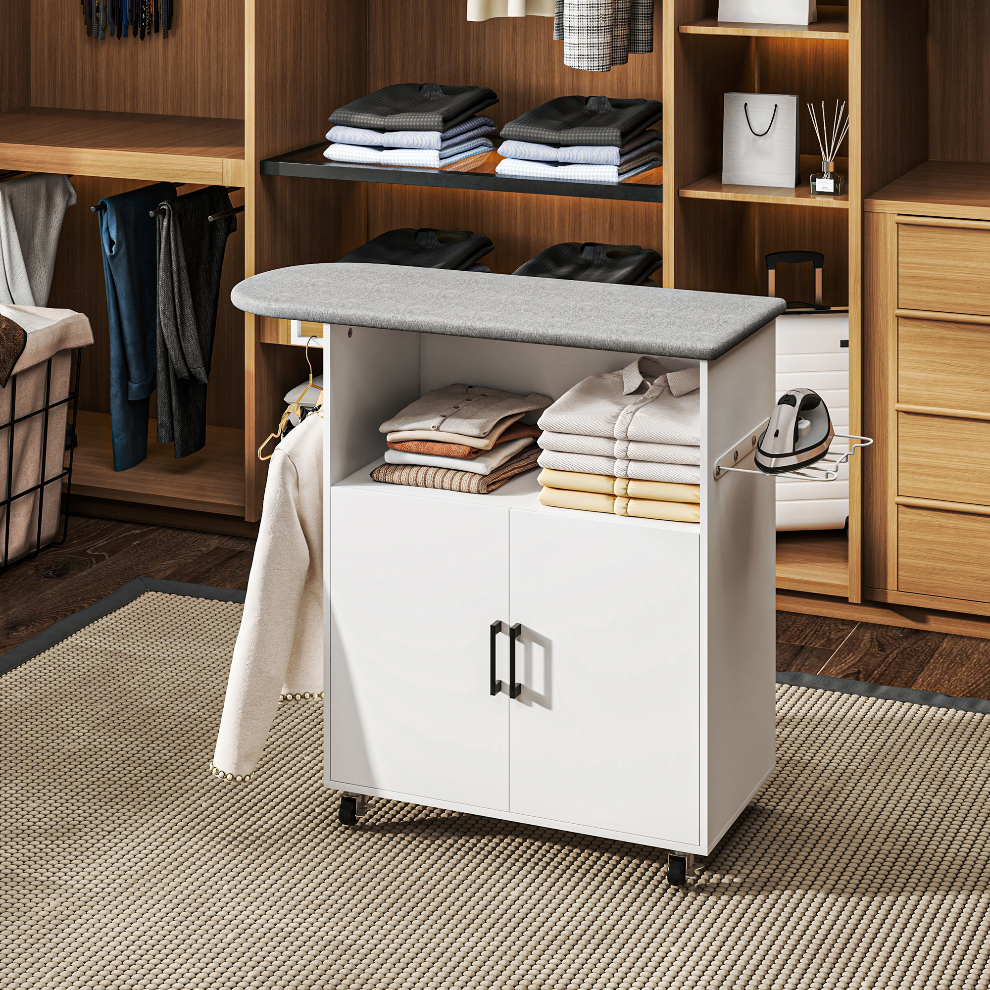 HOMCOM Bügelbrett mit 2 Türen und offenem Fach, 125x43,5x102,5 cm, Weiß