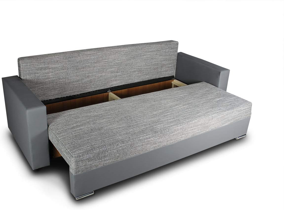 Schlafsofa Bird - Sofa mit Schlaffunktion und Bettkasten, Klappsofa, Schlafcouch mit Chromfüße, Couch, Couchgarnitur, Sofagarnitur (Schwarz + Grau (Dolaro 08 + Berlin 01))