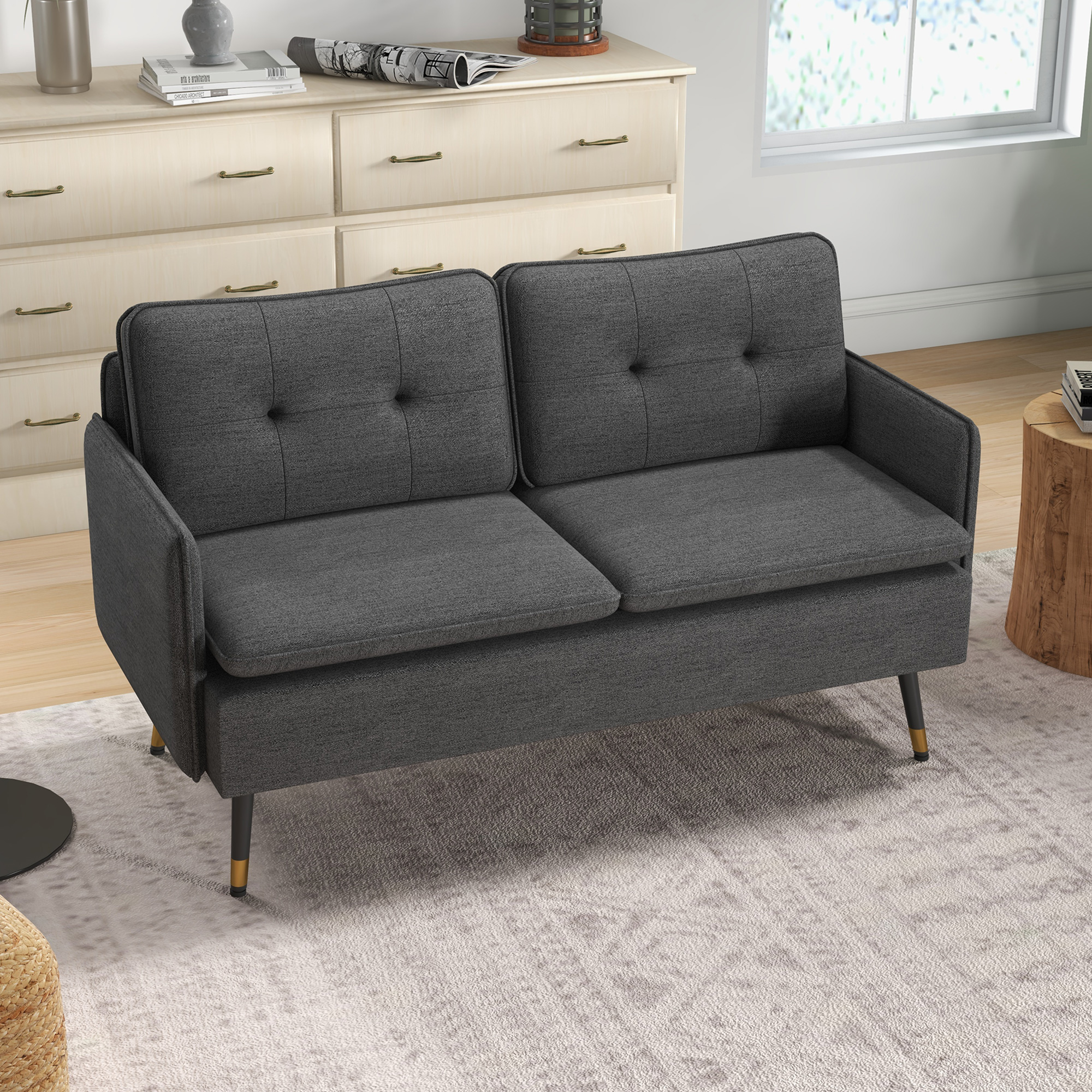 HOMCOM 2-Sitzer-Sofa im skandinavischen Design mit Leinenoptik und Paspeln 139 x 68 x 80 cm in Dunkelgrau