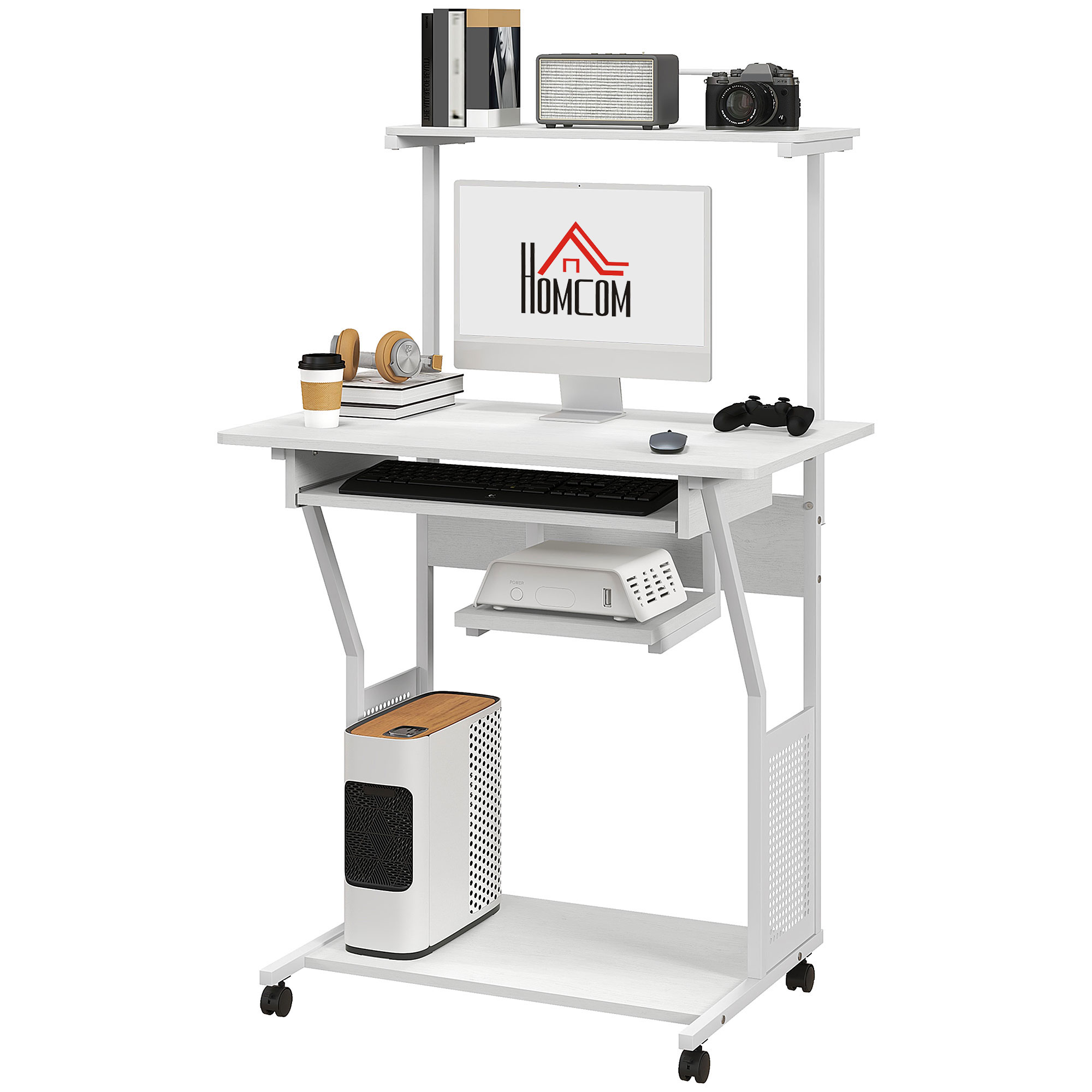 HOMCOM Rollender Computertisch mit Aufbewahrungsregalen, Arbeitsplatz und Tastaturablage, 80x50x130cm, Weiß