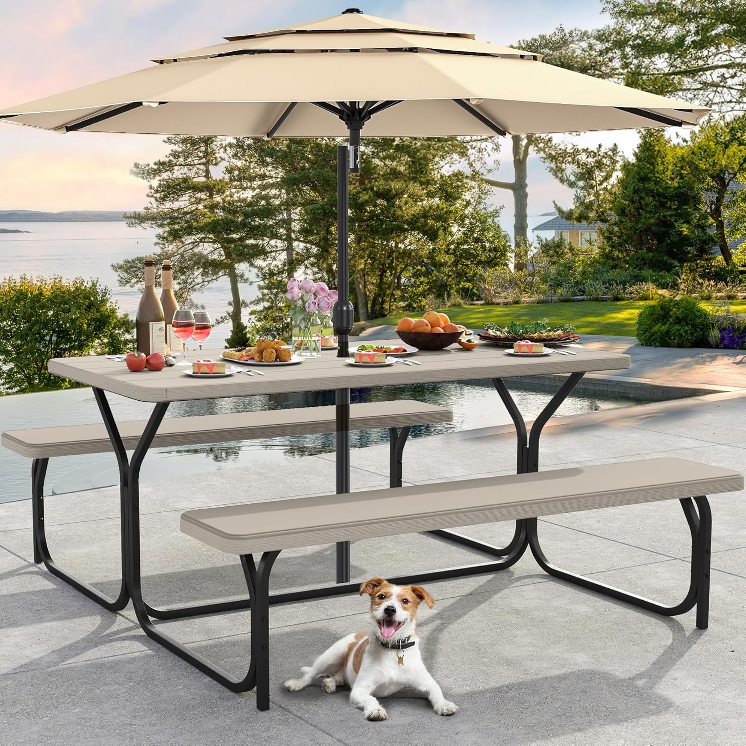 6FT Heavy Duty Picnic Table with Benches and Umbrella Hole