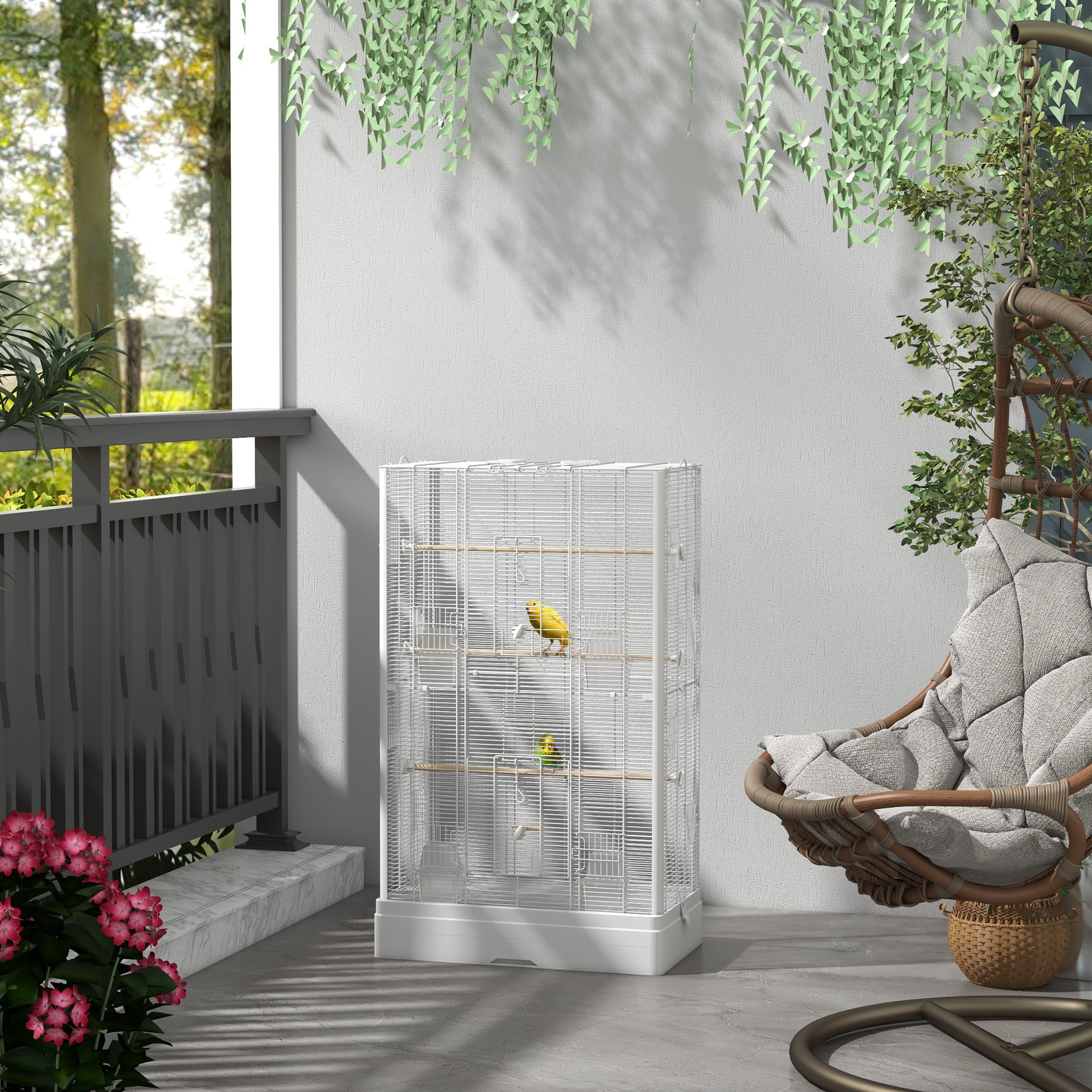 PawHut Vogelkäfig Voliere mit Türen Sitzstangen Käfig für Kanarienvögel Wellensittiche Papageien 61 x 36,5 x 98 cm weiß