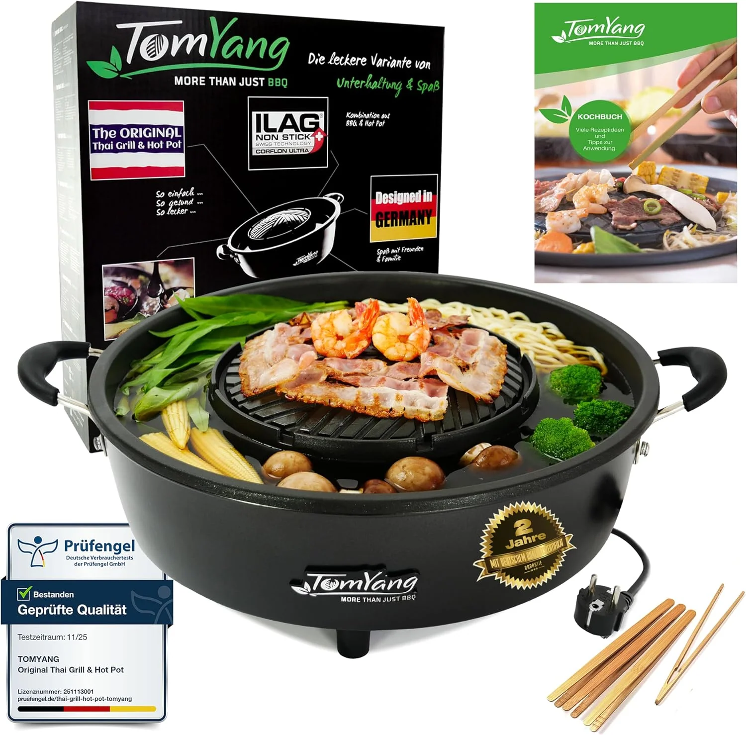 Hot Pot Set ink.Kochbuch für den Original Thai Grill & Hotpot, Elektrischer Hotpot mit schneller Aufheizzeit, Korean BBQ Grill, 4 Grillzangen, Mookata