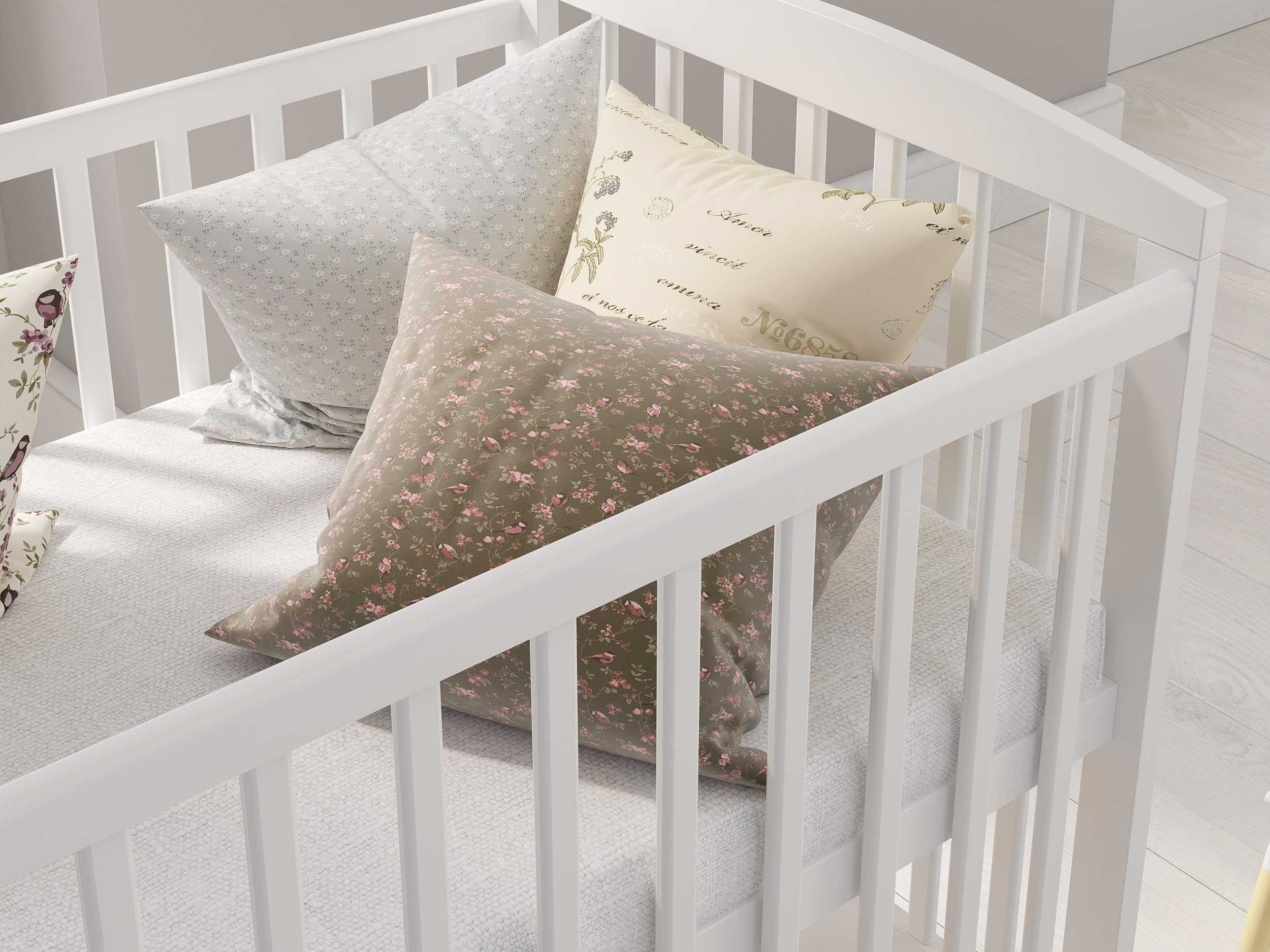Babybett 120 x 60 cm Modell Jacob aus Kiefernholz mit Schublade Matratze Sicherheitsbarriere und verstellbarer Höhe Weiß