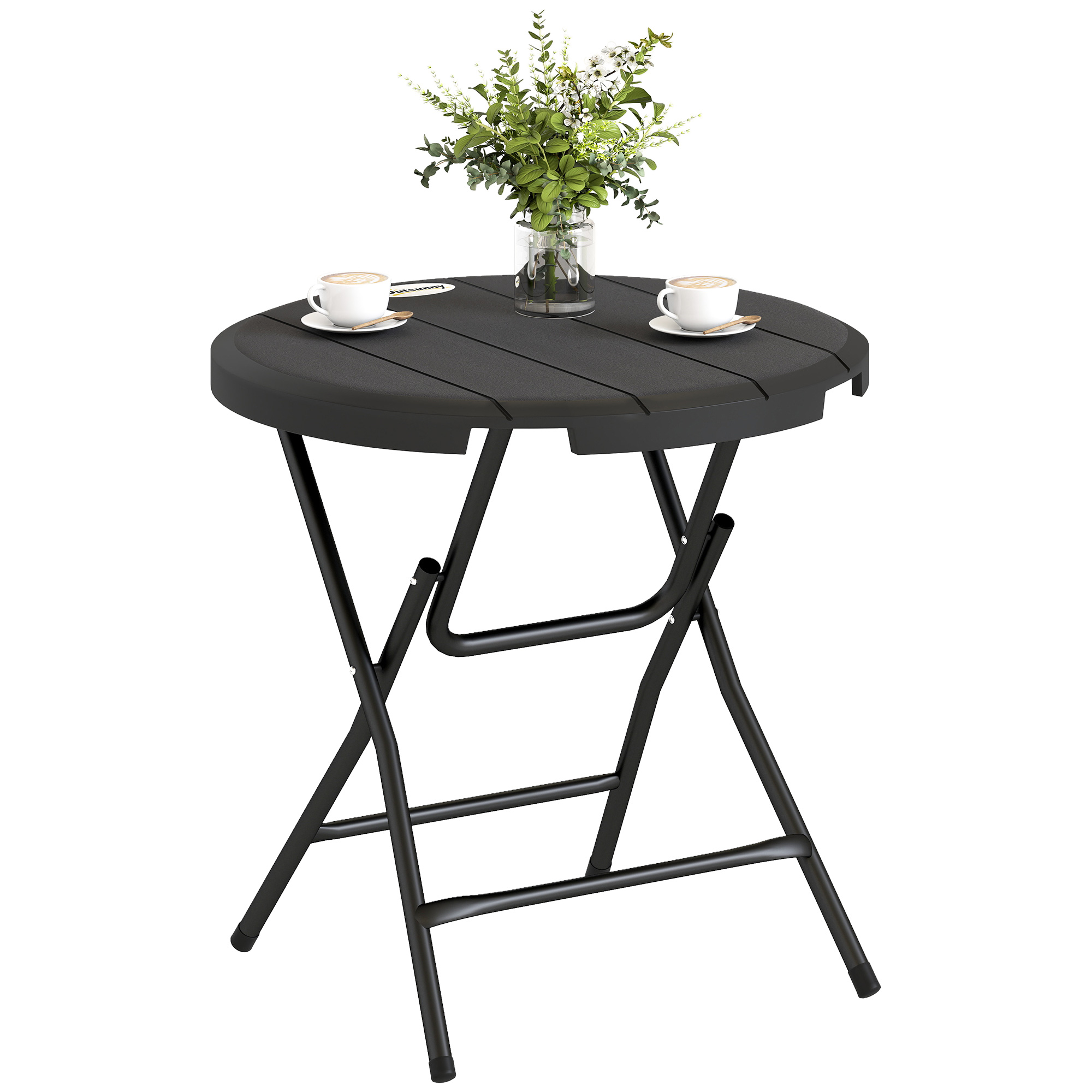Outsunny Gartentisch, rund, klappbar, für 4 Personen, Holzoptik, Stahl+Kunststoff, dunkelgrau, 80 x 80 x 73 cm