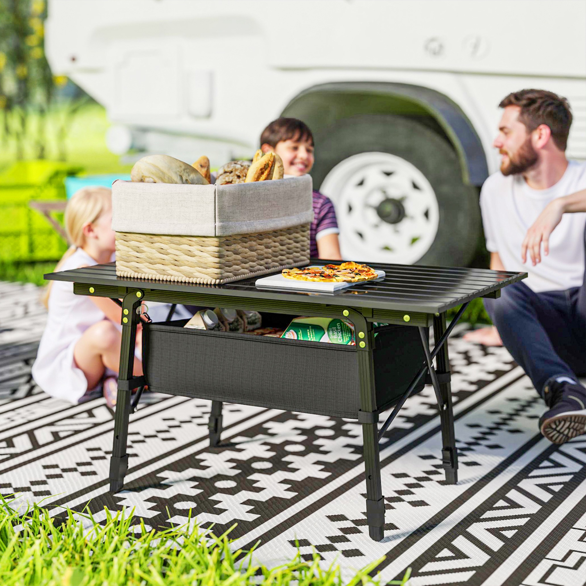 Outsunny Campingtisch mit Aufbewahrungskorb, höhenverstellbar, faltbar, Aluminium, Schwarz