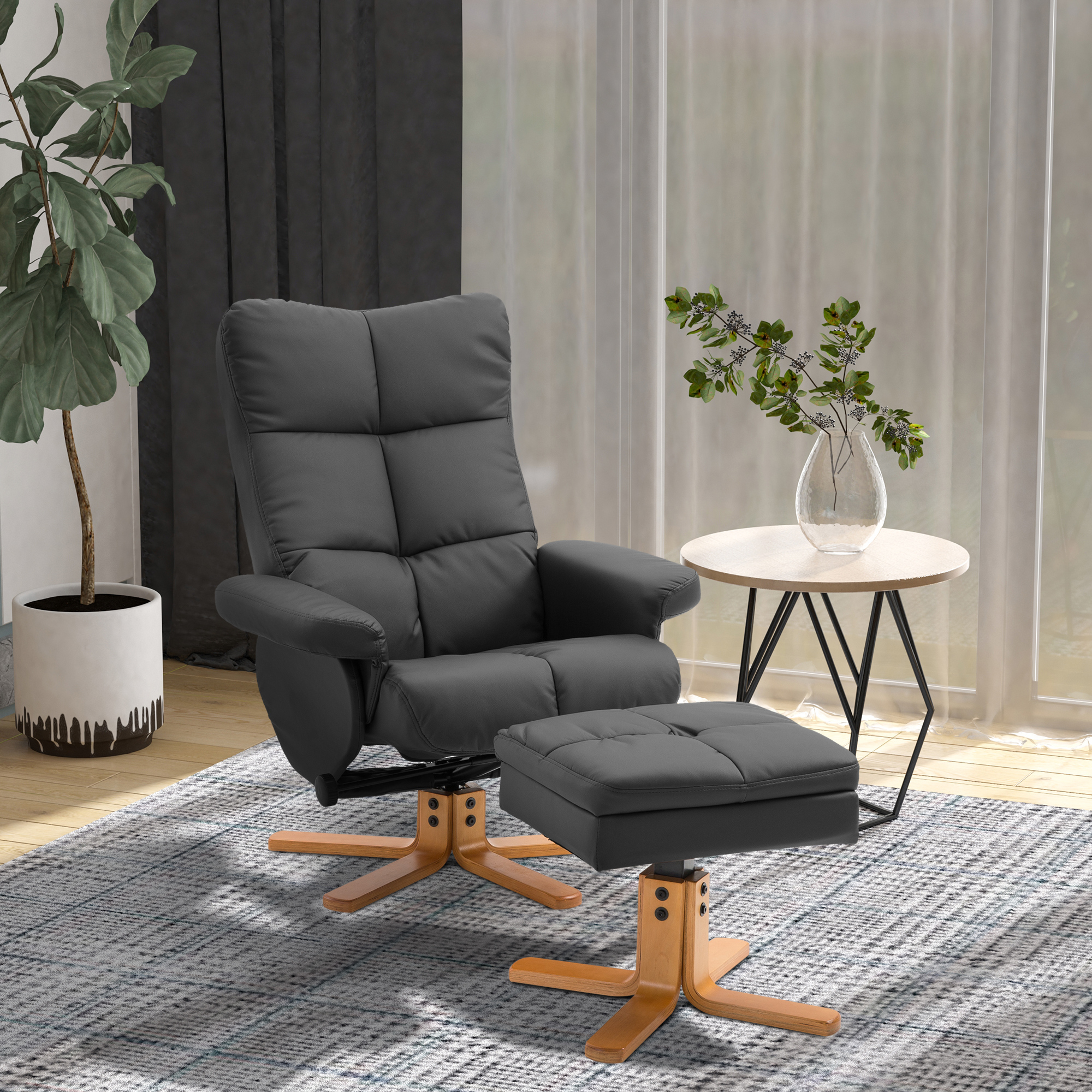HOMCOM Relaxsessel mit Hocker, Stauraum, Gepolstert Fernsehsessel mit Liegefunktion, 360° Drehbar TV-Sessel für Schlafzimmer, Wohnzimmer, Kunstleder, Schwarz