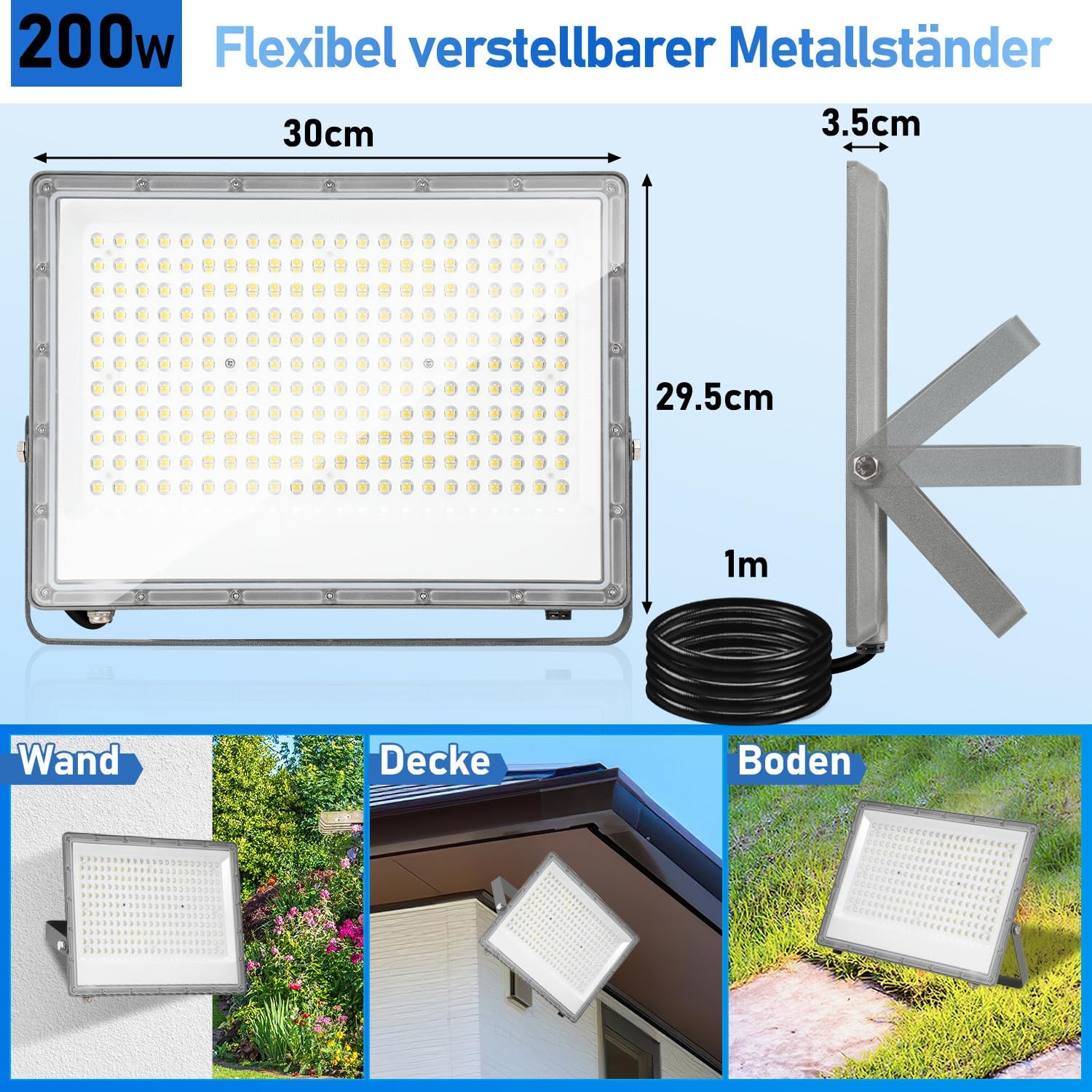 10x200W LED Strahler Außen, Superhell 19800LM Wandleuchte 6000K Kaltweiß Scheinwerfer, IP66 Wasserdicht Außenleuchte mit 100cm Kabel, für Hinterhof Auffahrt (kein Stecker)