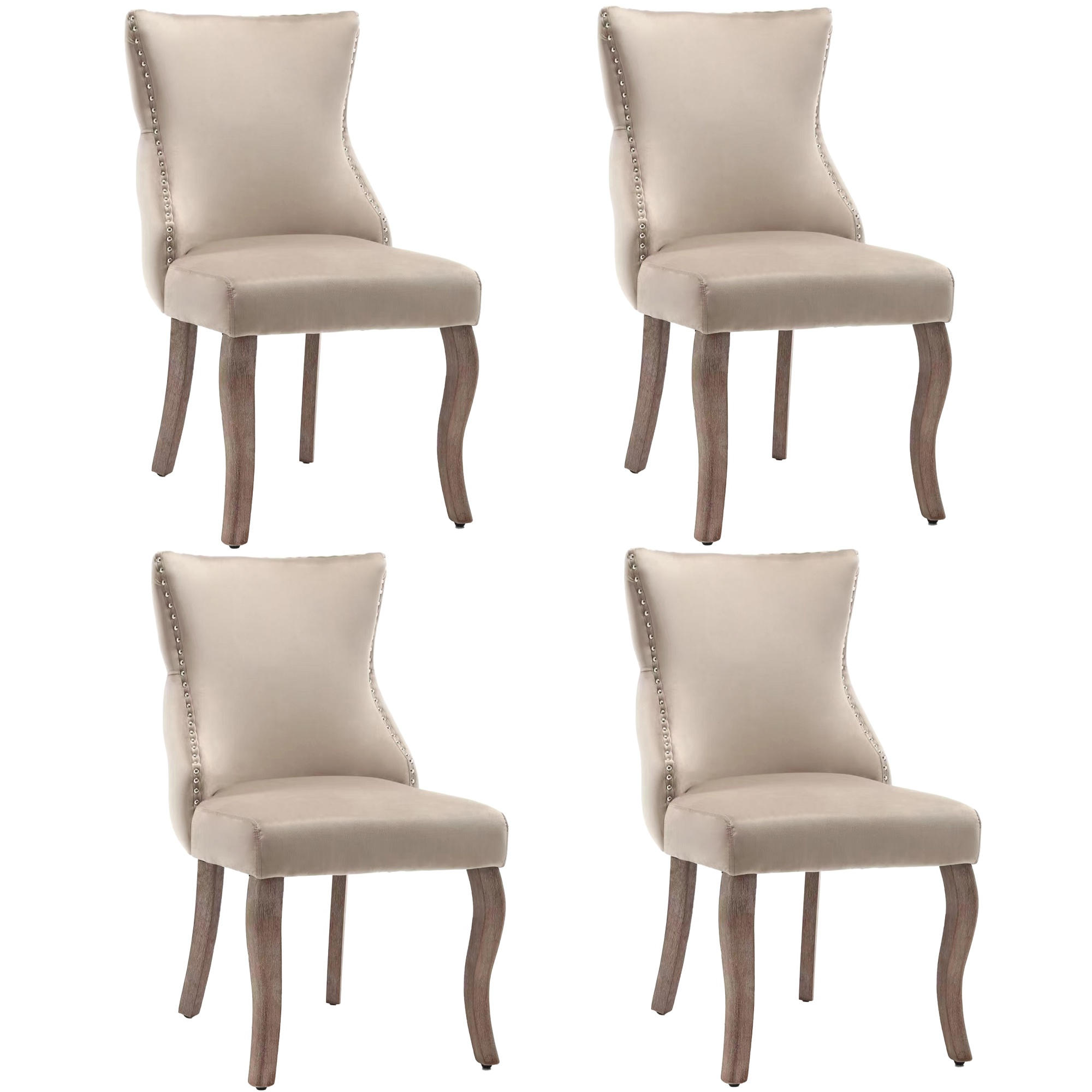 Set aus 4 gepolsterten Esszimmerstühlen mit Knopfheftung und Metallnieten, Samtoptik, Beige