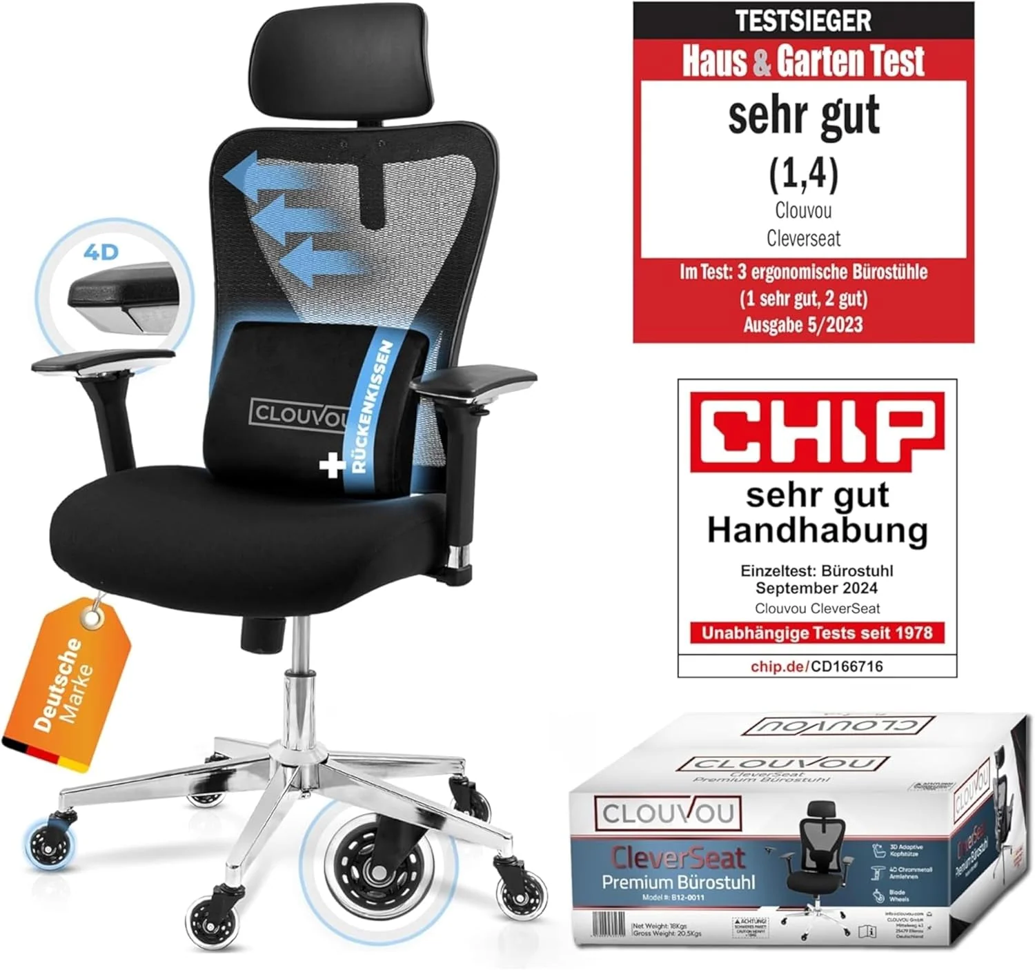 CLOUVOU Ergonomischer Bürostuhl mit verstellbaren Armlehnen und Kopfstütze