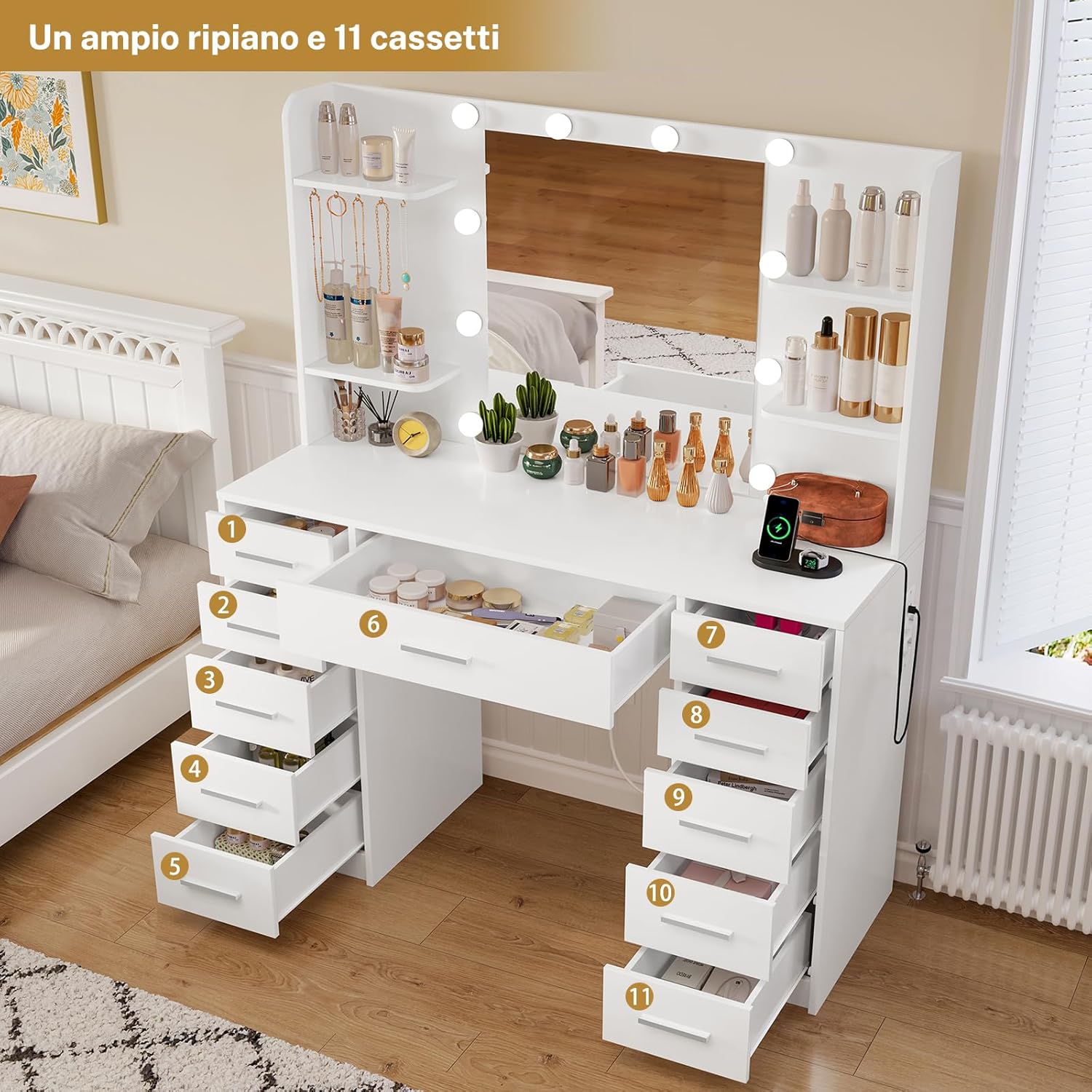 TEENFON Large Dressing Table with Mirror and LED Light, 3 Adjustable Colours, Makeup Desk with 11 Drawers, 4 Shelves and 5 Hooks, Modern Dresser, White