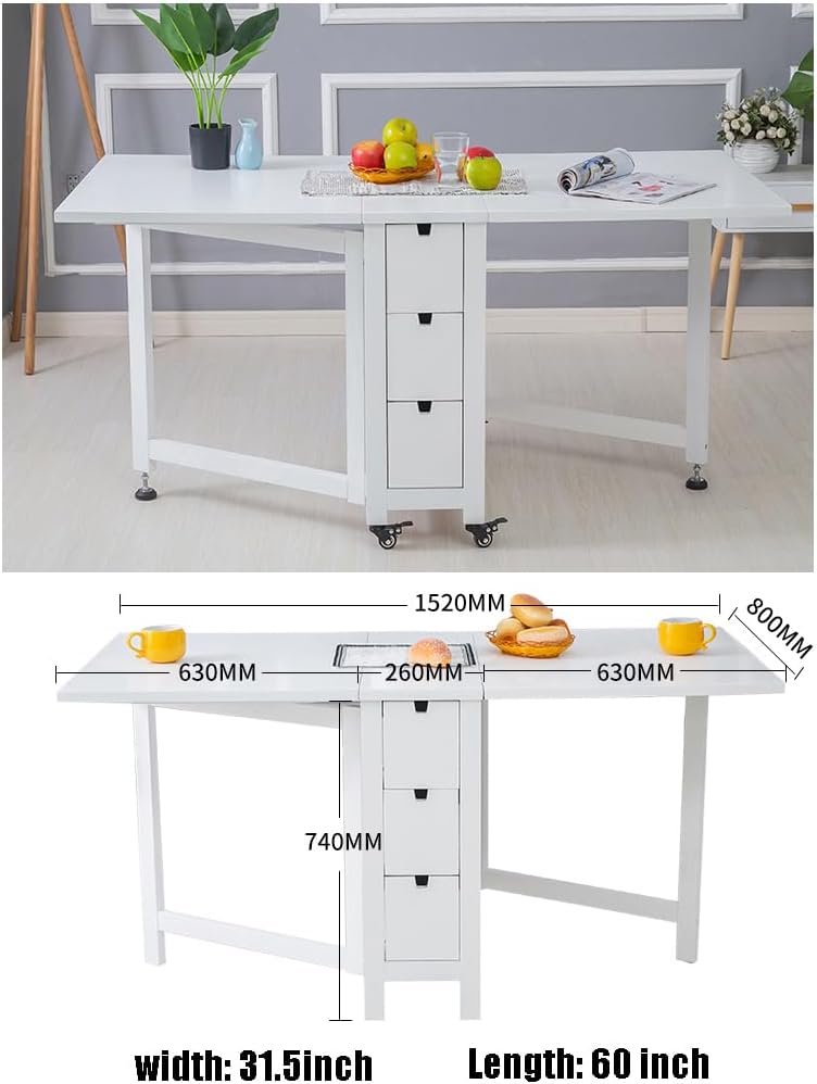 Tavolo da pranzo pieghevole in legno massello con ruote, set da cucina con 1 tavolo e 8 sedie, ideale per riunioni di famiglia e piccoli spazi, design salvaspazio