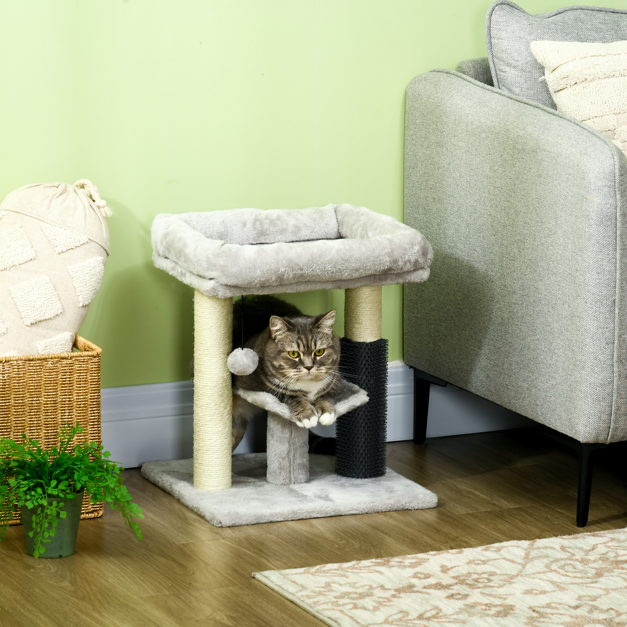 PawHut Kleiner Kratzbaum, Katzenbaum, Spielturm 48 cm Höhe, Sisalstamm Grau mit hängender Kugel Grau