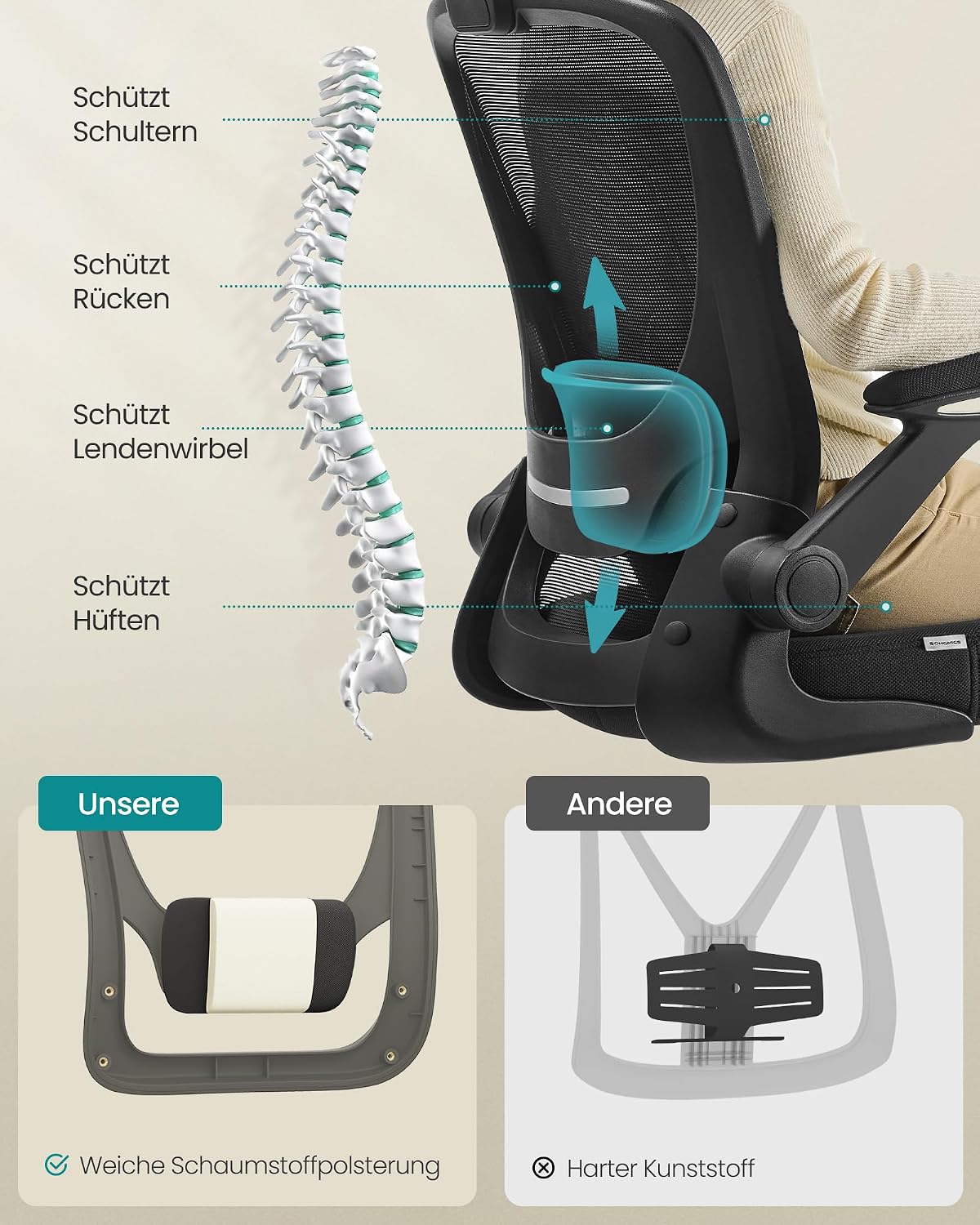 SONGMICS Ergonomischer Bürostuhl mit klappbaren Armlehnen und höhenverstellbarem Sitz
