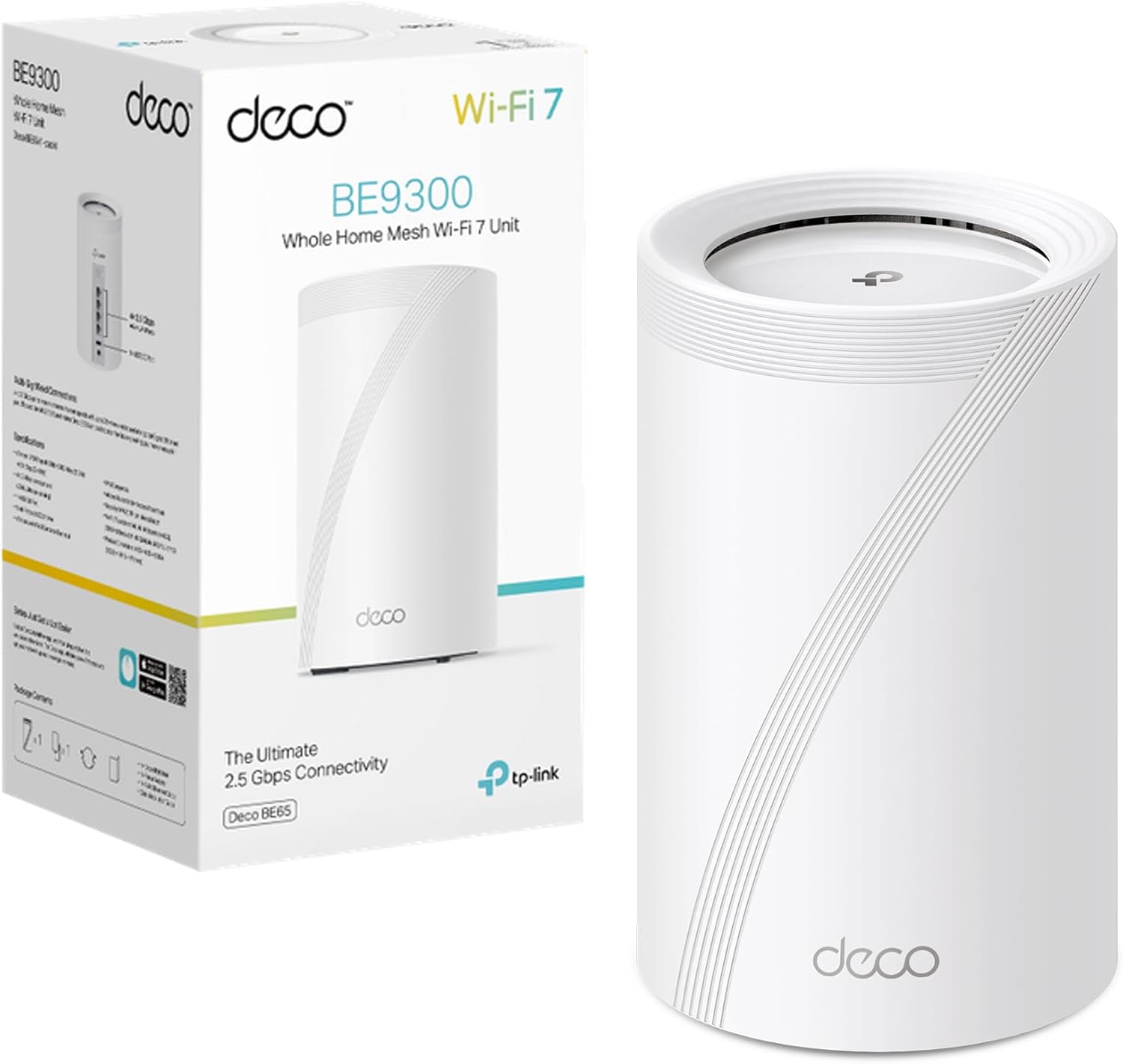 TP-Link WiFi 7 Deco BE65 Router Mesh, BE 9214Mbps Tri-Band, Canali 320 MHz, Porta Ethernet da 2,5 Gbps, Ripetitore, Senza Precedenti, Alexa, HomeShield, Funziona con Qualsiasi ISP e Modem, 1 Pezzo