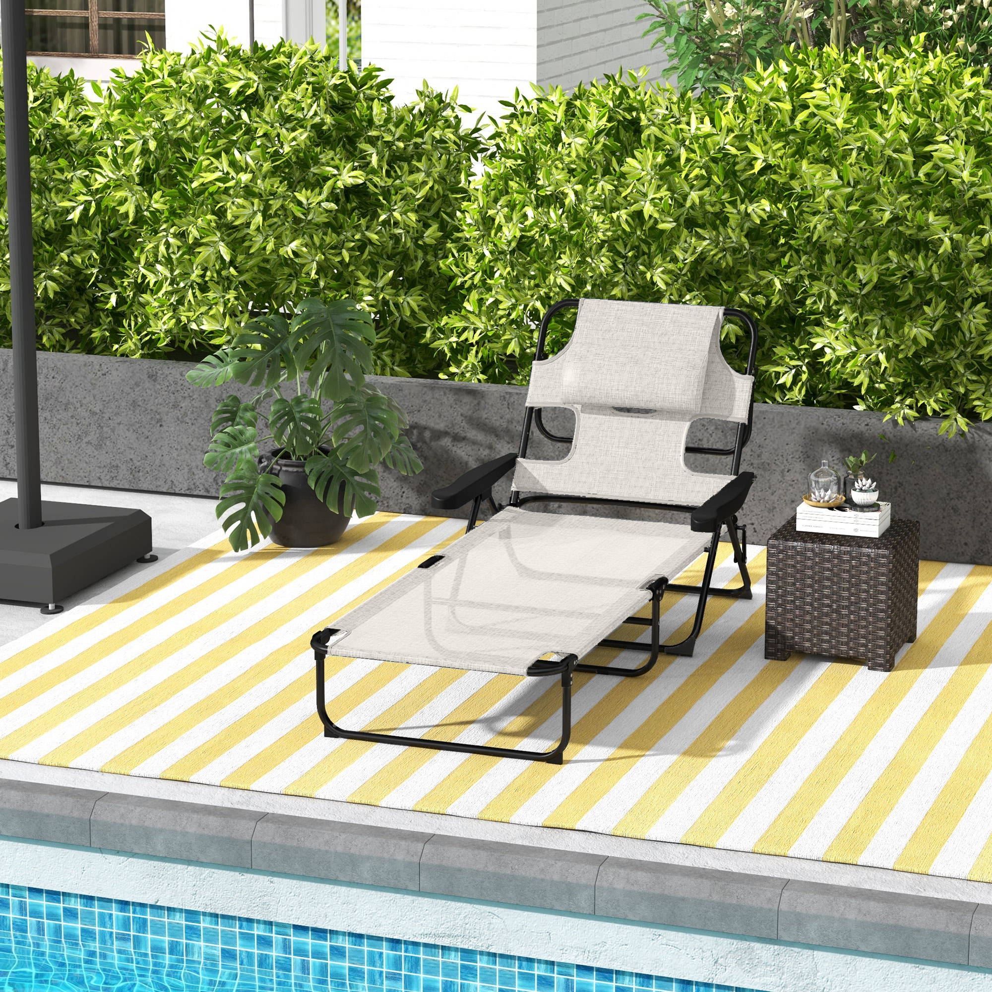 Outsunny Faltbare Gartenliege mit 4-fach verstellbarer Rückenlehne, Leseloch und Kopfkissen 72 x 194 x 89 cm creme