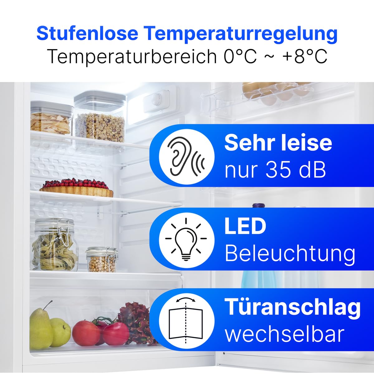 Kühlschrank ohne Gefrierfach 126 L, Energieklasse C, 85 cm hoch, leise 35 dB, 3 Glasablagen, weiß
