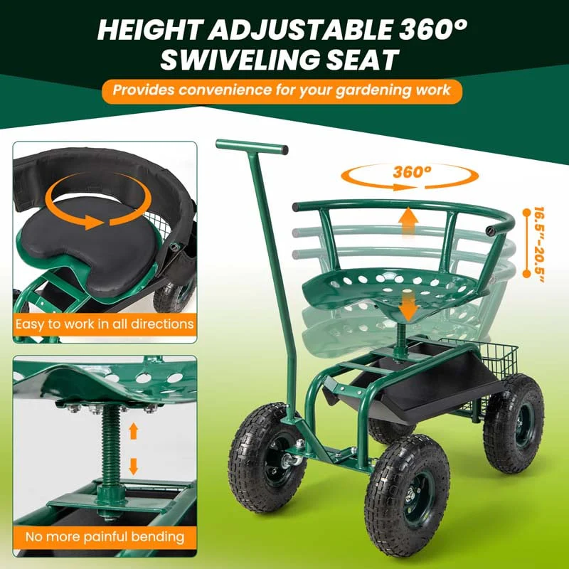 Green Rolling Garden Cart Workseat Garden Scooter with 360 Degree Swivel Cushioned Seat & Tool Storage, 2 Steering Handles
