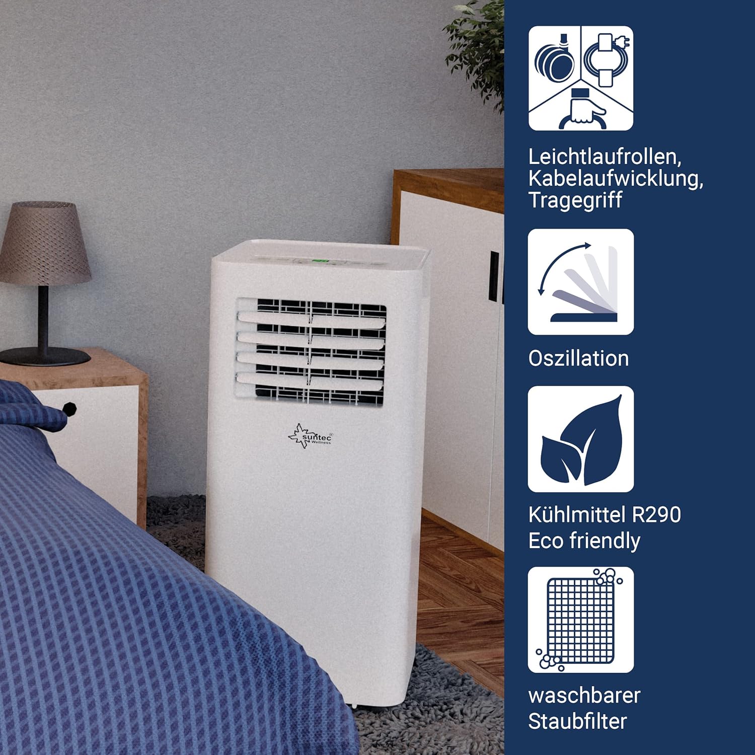 SUNTEC Mobiles Klimagerät Impuls 2.6 Eco R290 – Klimaanlage mobil und leise mit Abluftschlauch – Kühler & Entfeuchter für Räume bis 34 qm – Mobile Kühlung für Wohnung & Büro – 9.000 BTU | 2600 Watt