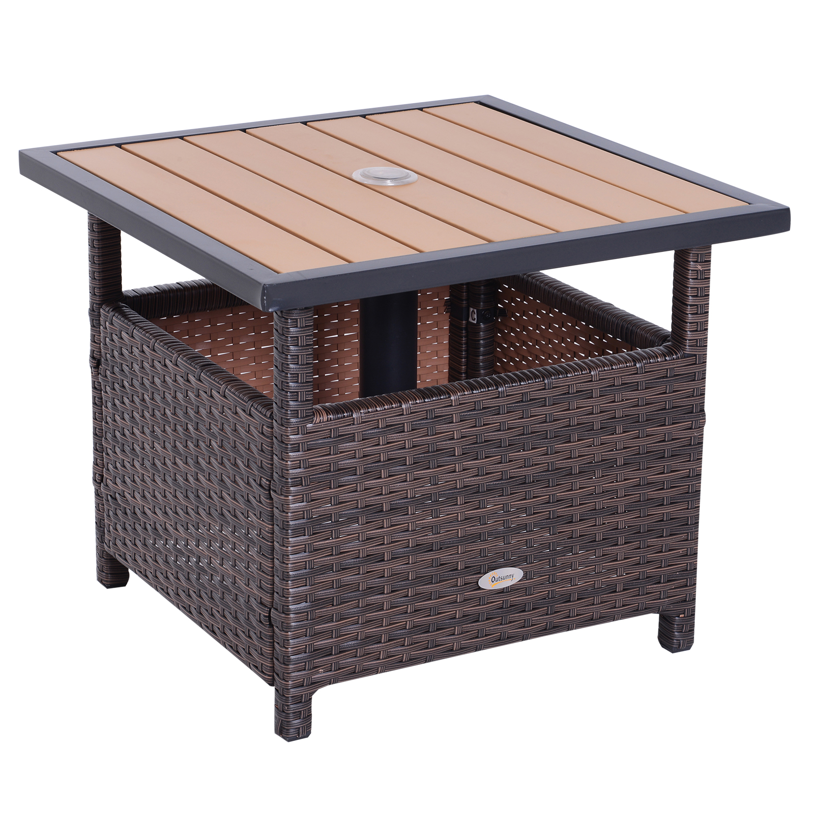 Outsunny Polyrattan Beistelltisch Gartentisch Terrassentisch Schirmständer für Sonnenschirm inkl. Sandsack Braun 55,5 x 55,5 x 46 cm