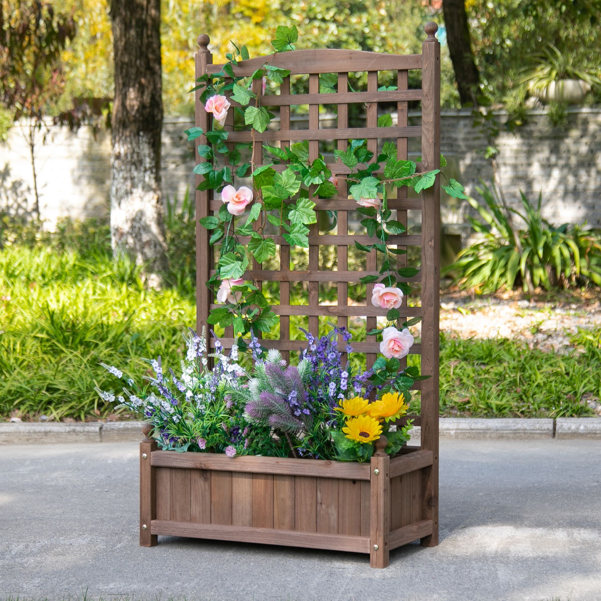 Outsunny Hochbeet Pflanzkasten mit Rankgitter Blumenkasten Rankkasten Rosenbogen mit  Rankhilfe für Kletterpflanzen Garten Holz Dunkelbraun 64 x 28 x 120 cm