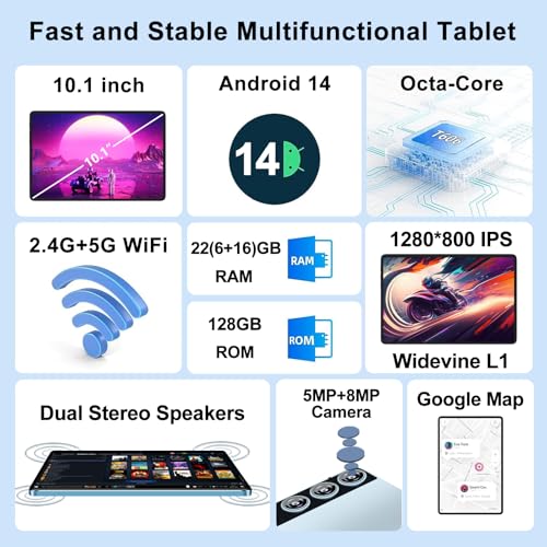 ZIOVO Tablet 10 Pollici Tablet Android 14, 22GB RAM 128GB ROM (TF 1TB), 5G WiFi/Widevine L1/Octa Core/8000mAh/Corpo Metallico/8 5MP/BT 5.0/Supporto Netflix, 2 in 1 Tablet con Tastiera e Mouse   Blu : Informatica