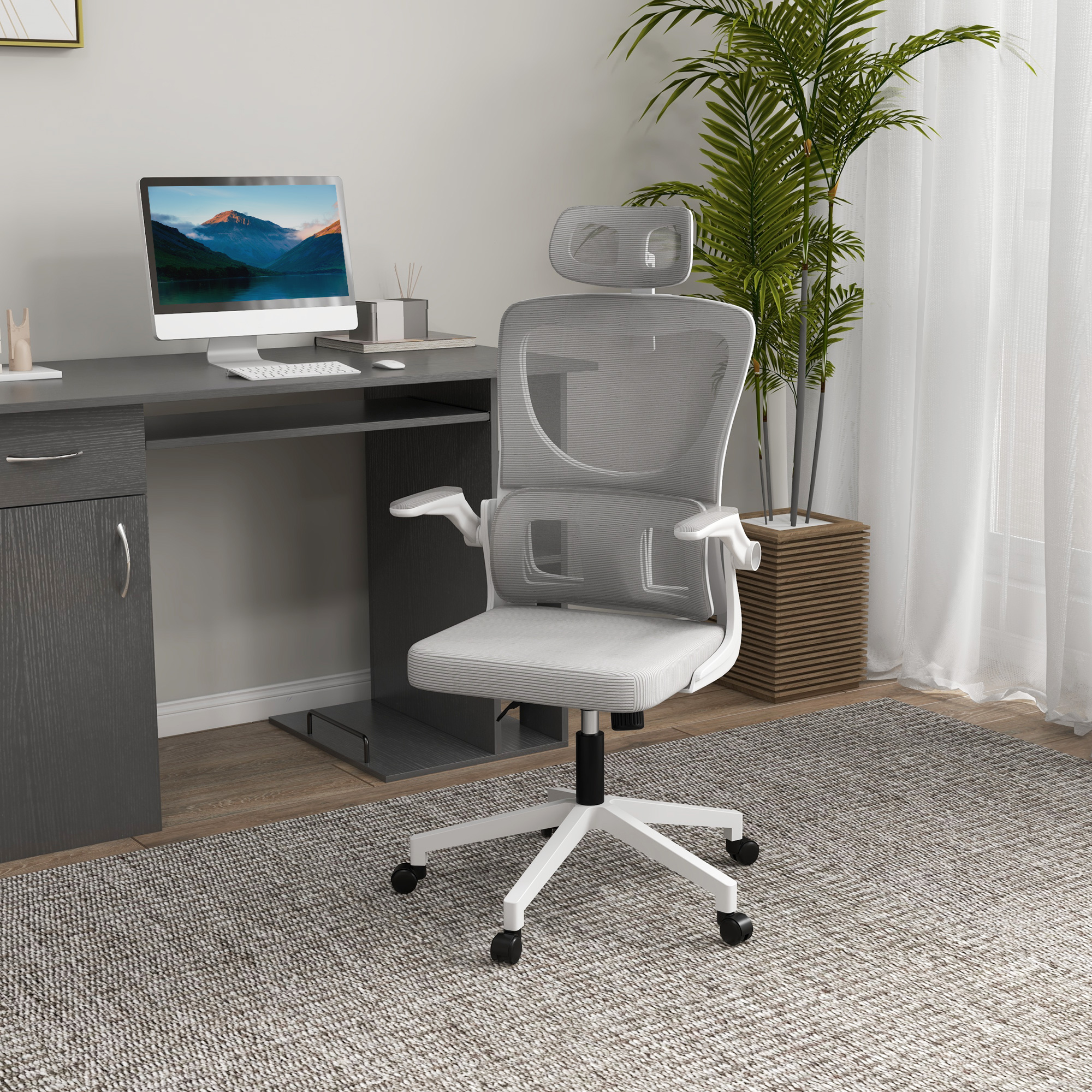 Vinsetto Bürostuhl, höhenverstellbar, neigbare Rückenlehne, verstellbare Kopfstütze, bis 120 kg, 60x59x114-122 cm, Grau