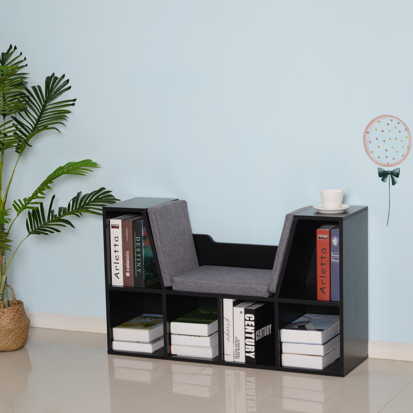 HOMCOM Bücherregal mit Sitzhocker Sitzbank Sitzbänke & -truhen mit 6 Stauräumen für Aufbewahrung Sitzbar mit Kissen Spanplatte Schaumstoff Leinen Schwarz+Grau 102 × 30 × 61 cm