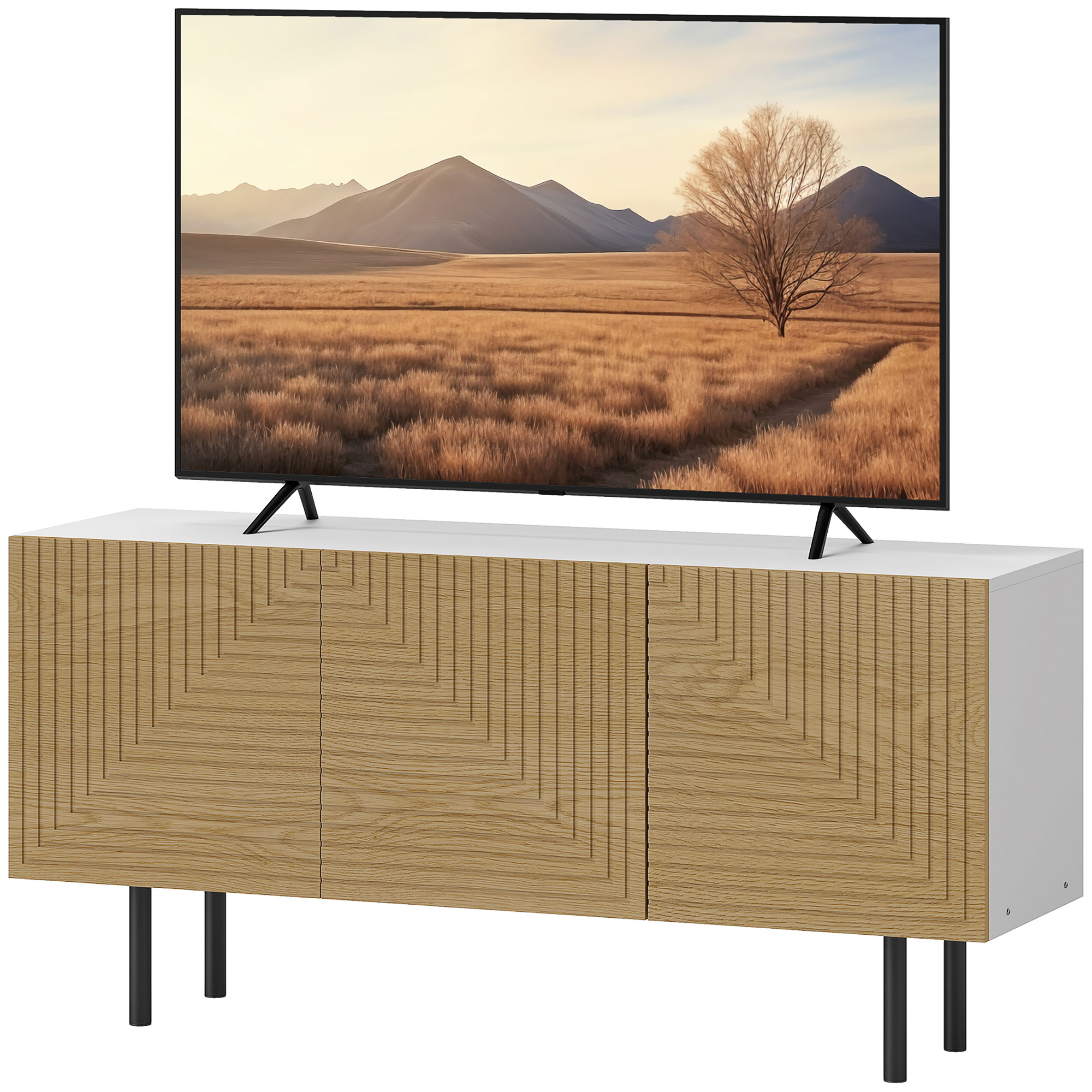 HOMCOM TV-Möbel für bis zu 65 Zoll mit gerillten Schranktüren und Kabelkanal für Wohnzimmer, Schlafzimmer, Naturholz-Effekt