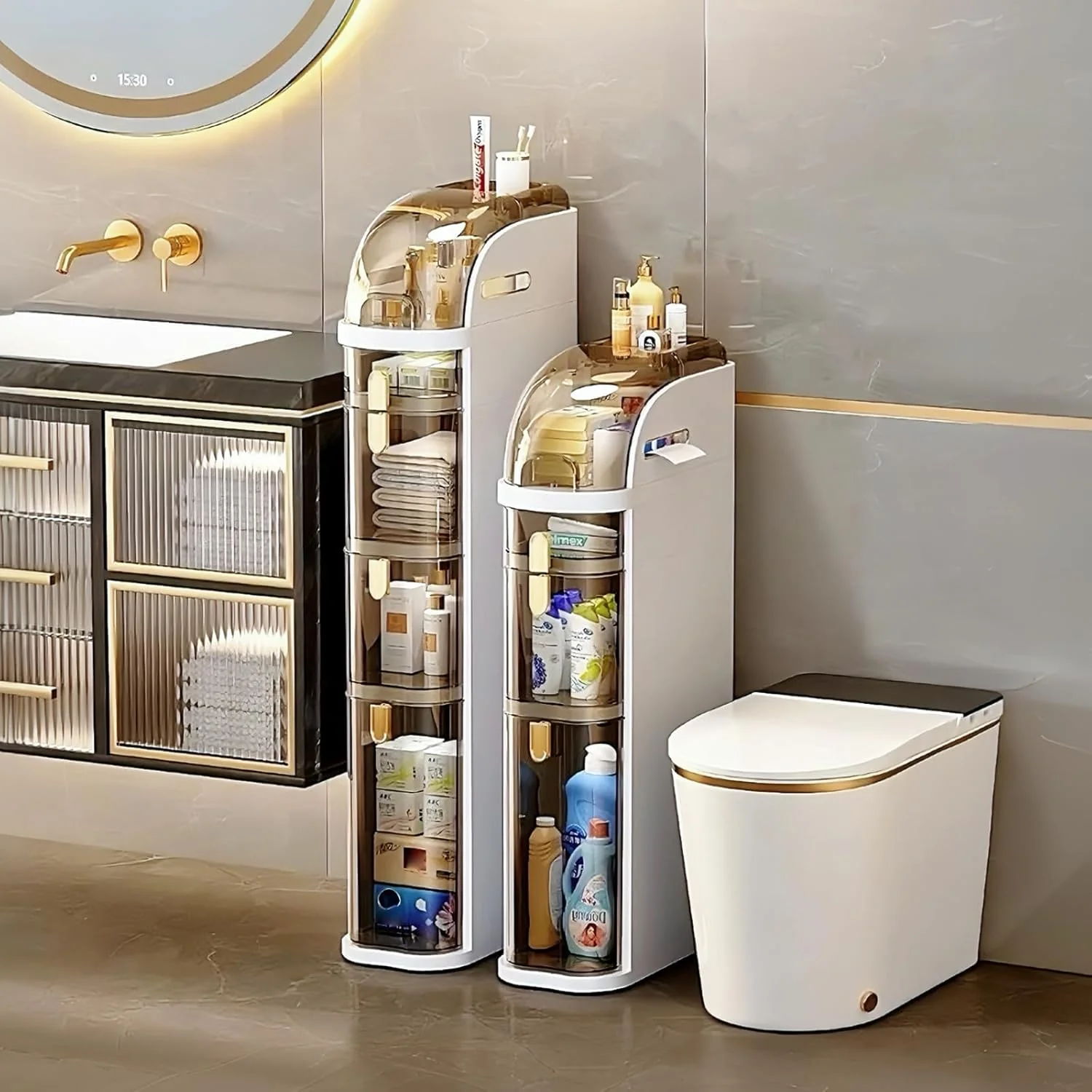 4-Tiers Narrow Bathroom Storage Cabinet 7.1″ Slim Bathroom Floor Organizer with Drawers and Tissue Box Plastic Waterproof Mobile Locker