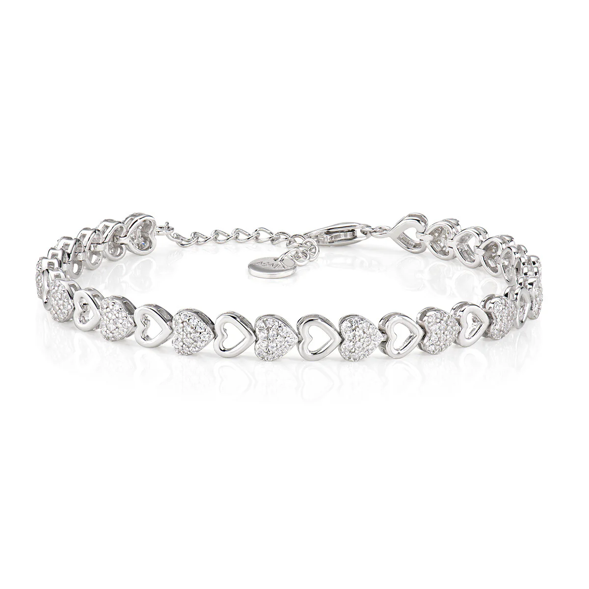 Bracciale Amen rodiato bianco con catena di cuori e zirconi bianchi