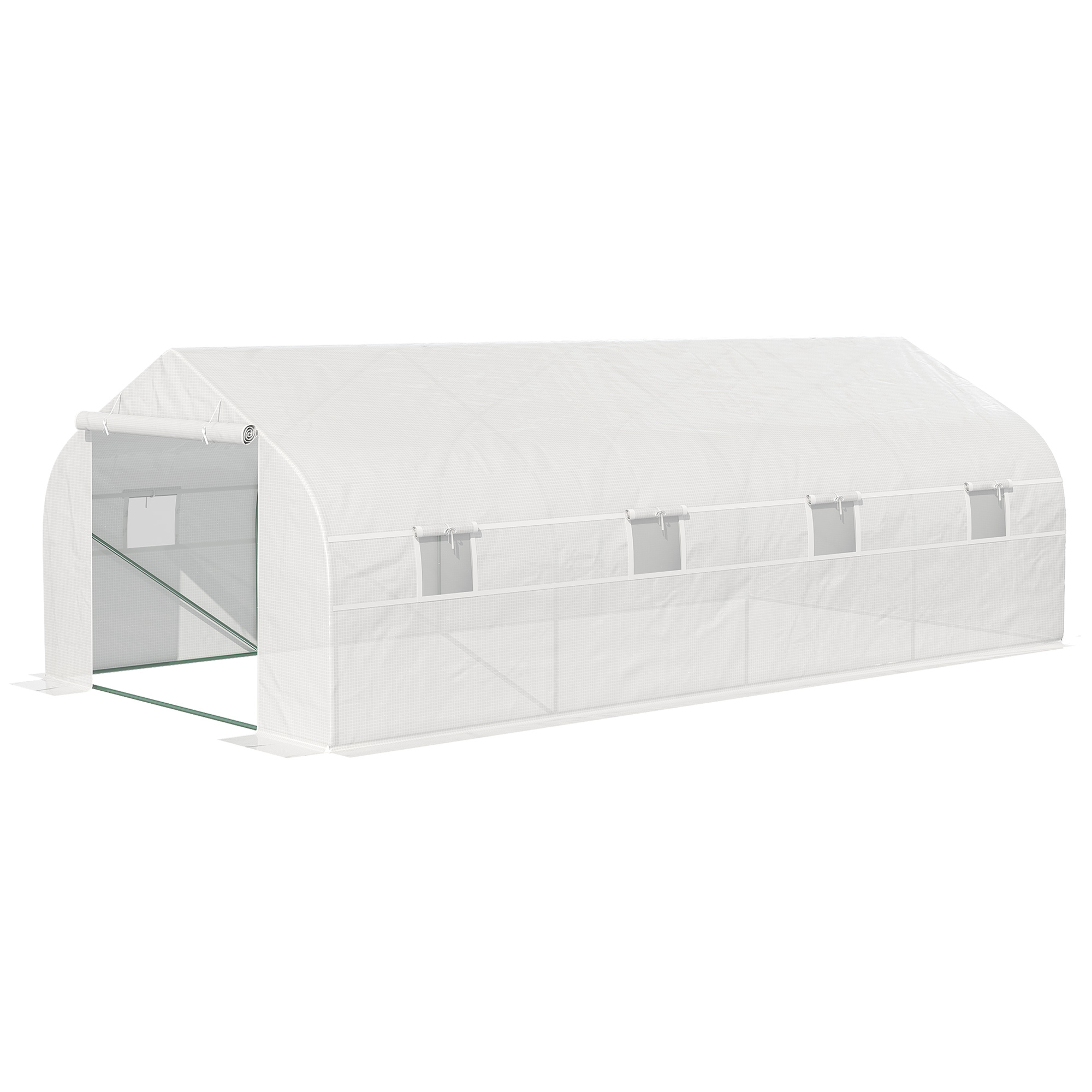 Outsunny Garten-Tunnelgewächshaus Maße 6 x 3 x 2 m Tür + 8 aufrollbare Fenster Stahl PE-Gewebe mit hoher Dichte Weiß