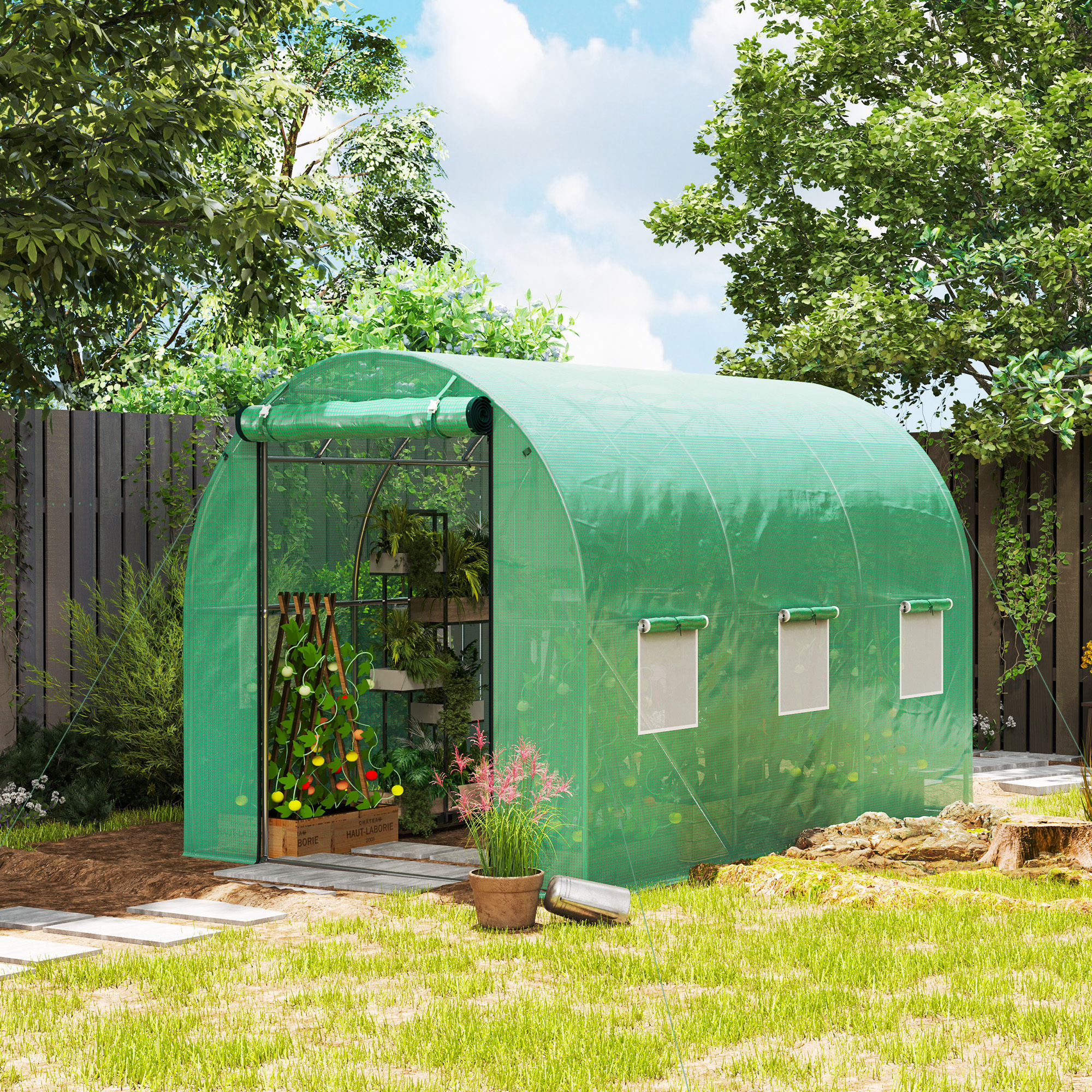Outsunny Polytunnel Gewächshaus mit Kunststoff-Abdeckung und Stahlrahmen, begehbares Gewächshauszelt mit Rolltüren, Grün