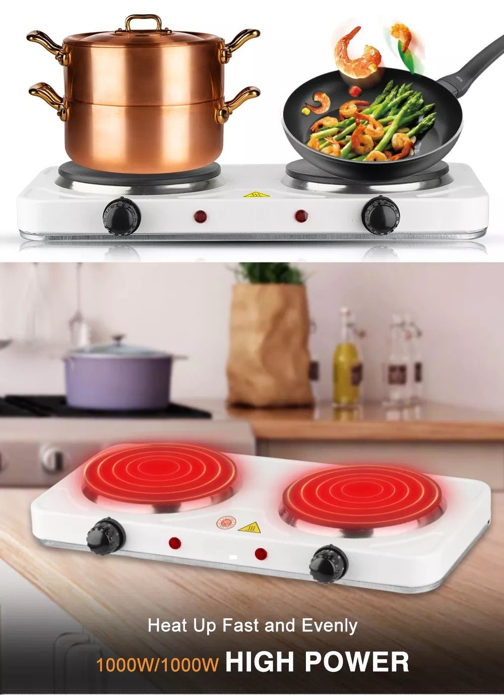 Doppelkochplatte Doppelkochfeld Herdplatte 2 x 1000Watt Kochplatte Camping Tragbar