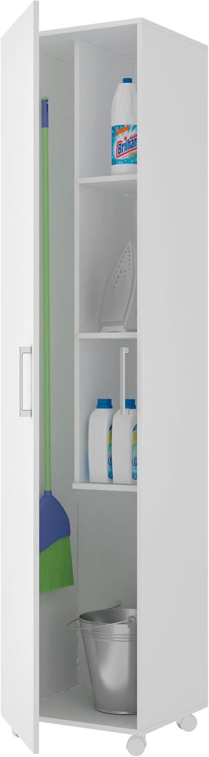 Venprodin Home Wardrobe - 1 Door with Wheels, 185 x 41 x 41 cm - White Lacquered MDF with Shelves and Vertical Space - Durable and Mobile - High Functional Design