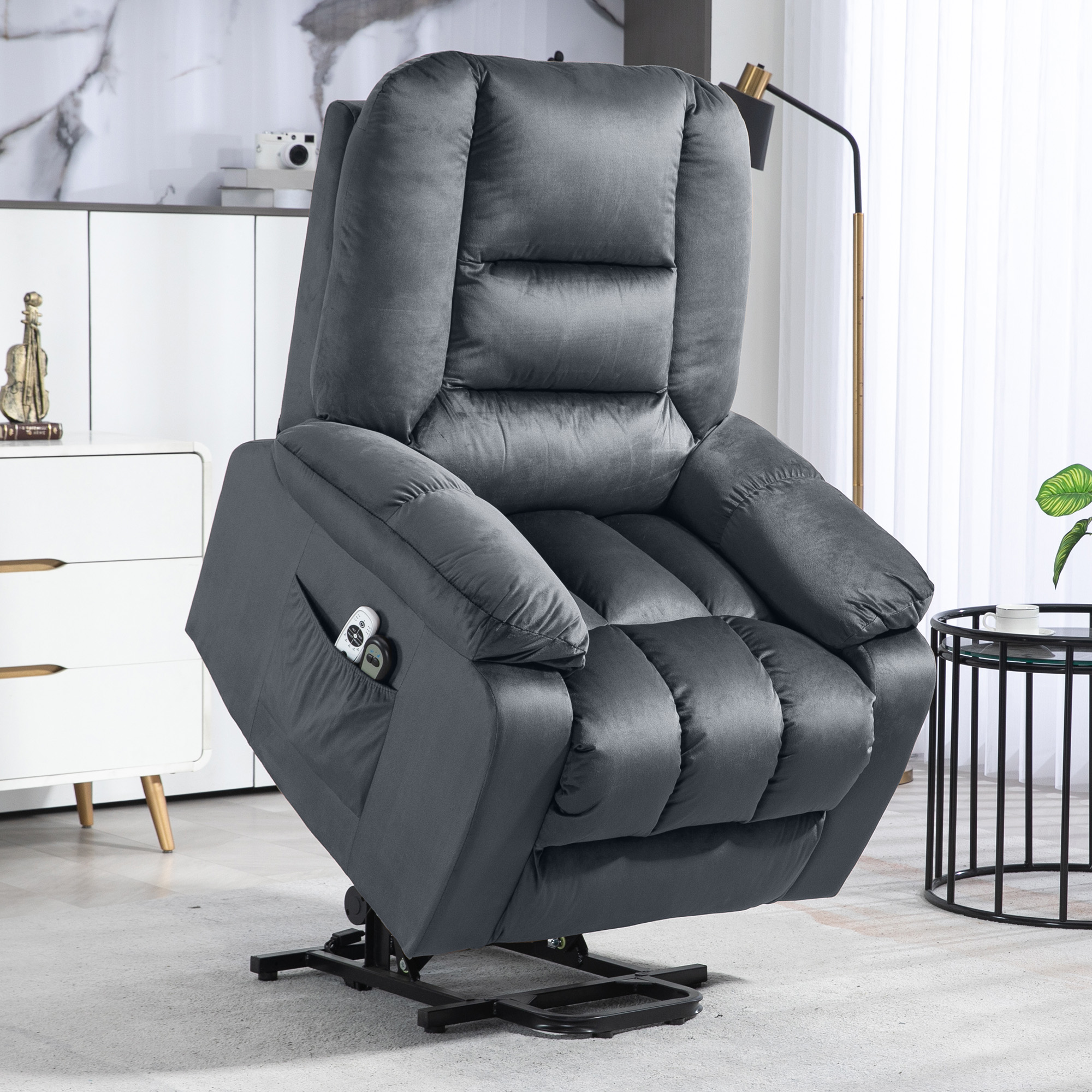 HOMCOM Massagesessel Aufstehhilfe Seniorensessel Relaxsessel, 8 Massagepunkte, 2 Seitentaschen, 85 cm x 94 cm x 107cm, Grau