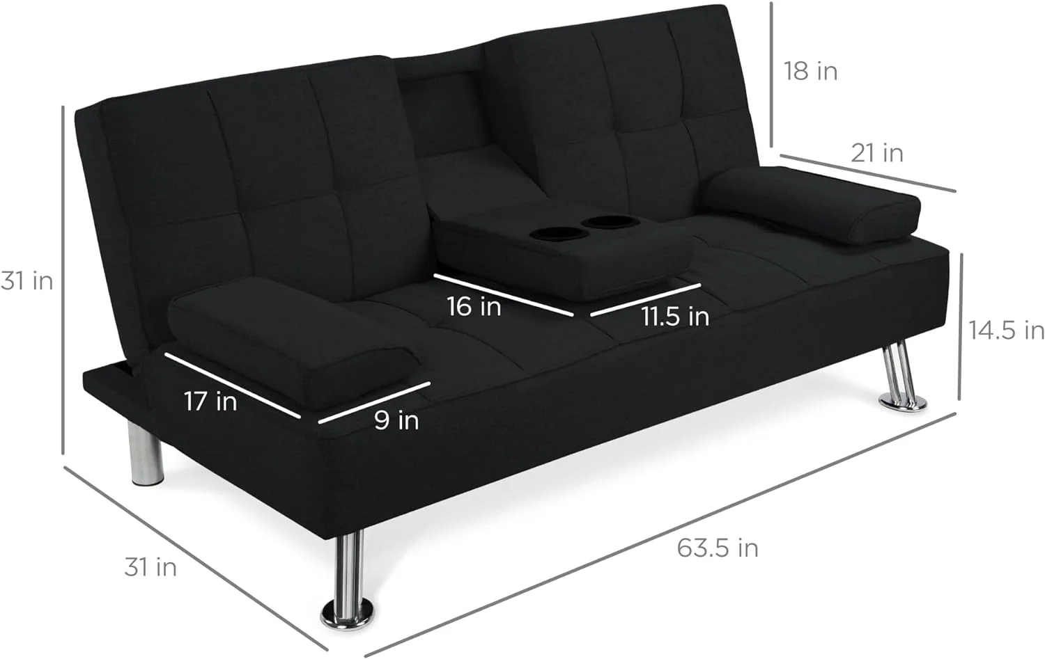 Best Choice Products Linen Upholstered Modern Convertible Folding Futon Sofa Bed for Compact Living Space, Apartment, Dorm, Bonus Room w/Removable Armrests, Metal Legs, 2 Cupholders - Gray