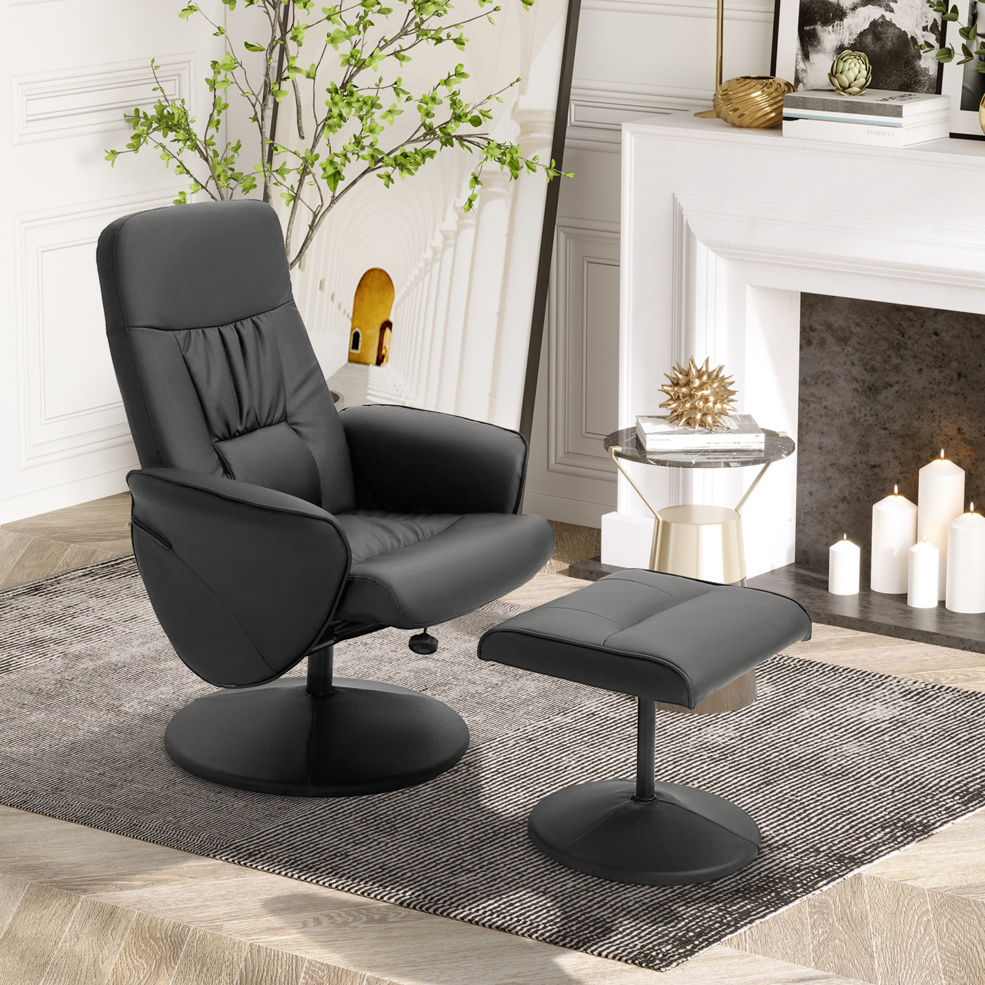HOMCOM Relaxsessel mit Fußhocker Relaxsessel Schwenkersessel 360° drehbar und verstellbarem Rückenlehne TV-Sessel für bis zu 120 kg Kunstleder Metall Schwarz