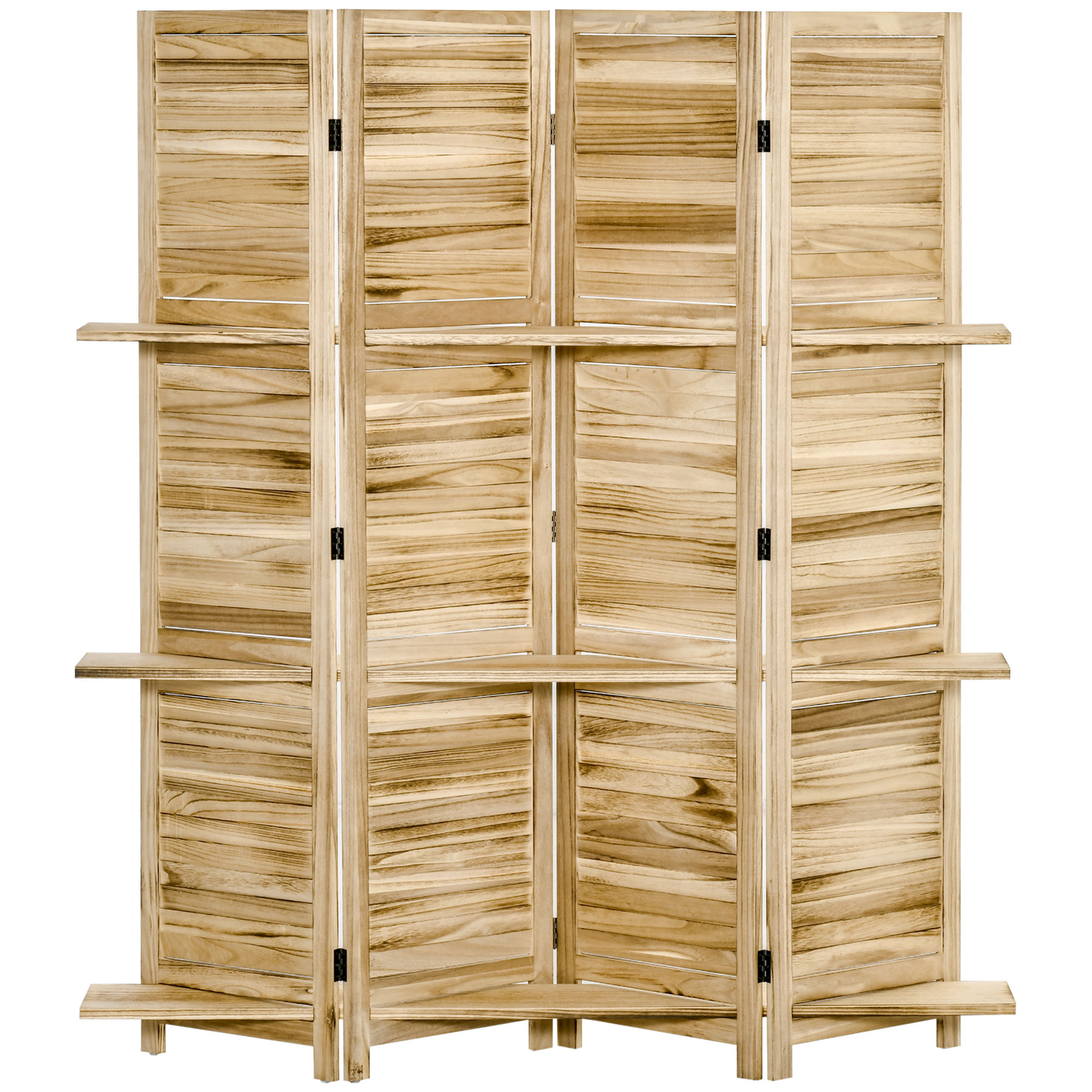 HOMCOM Innenraum-Paravent 4 Panels 3 Regale faltbarer Raumteiler Lamellentüren Paulownia-Holz Kiefernautoklav-Optik