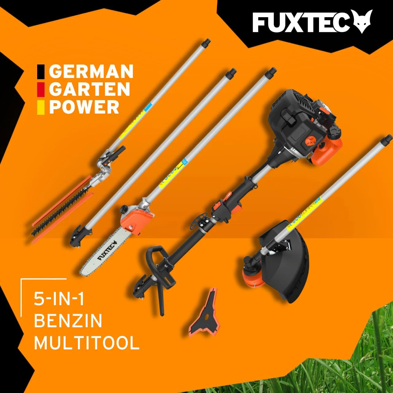 FUXTEC Benzin Motorsense FX-MT152E 5in1 Multitool, 52 cc, Profi-Tragegurt und inkl. 1m Verl?ngerung 3 PS Kombiger?t Heckenschere Hochentaster Kombisystem Freischneider fs 2-Takt Test Oberklasse 1,4