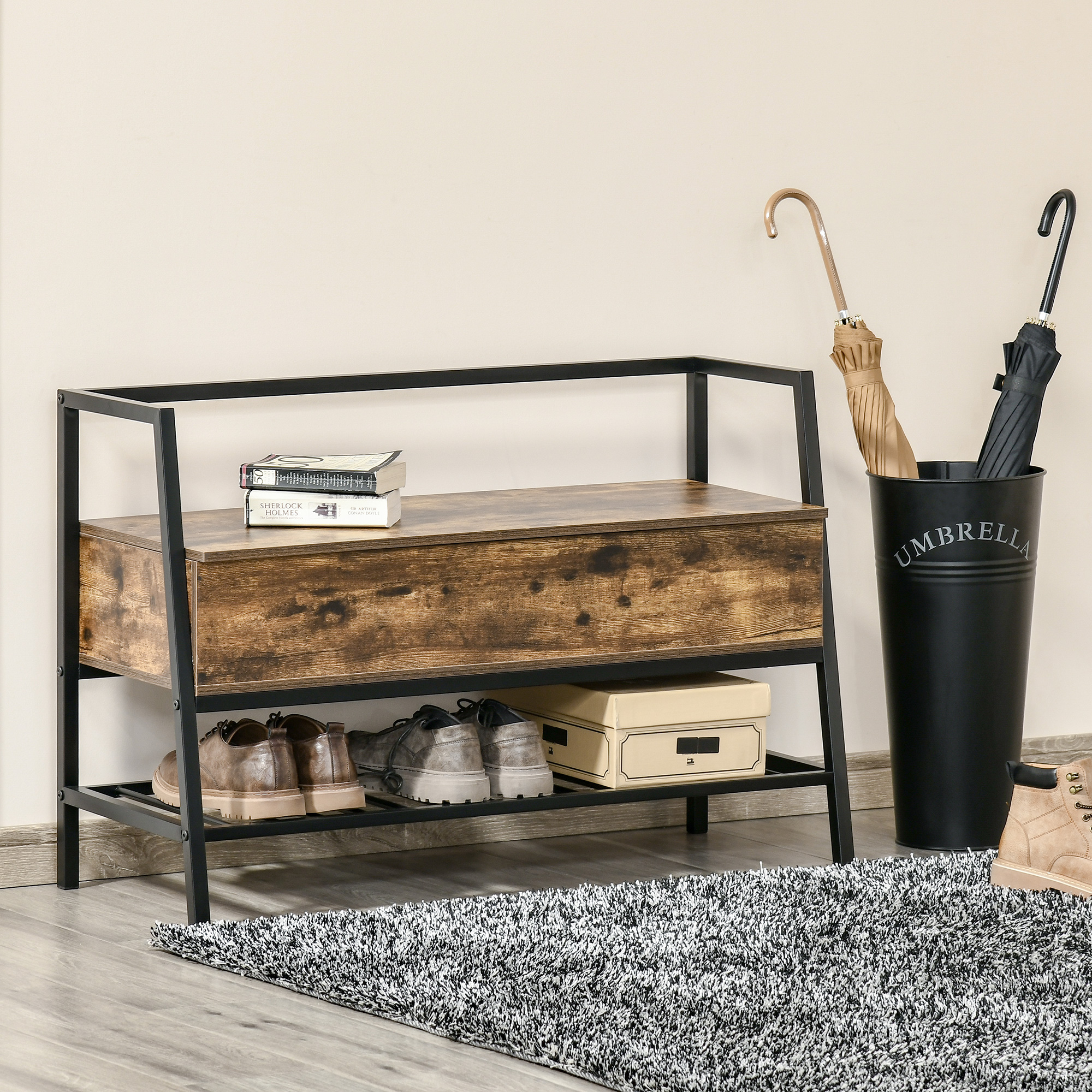 HOMCOM Schuhbank Sitzbank Sitztruhe mit 2 Ablagen Eingangsbereich großer Lagerraum Industriedesign Spanplatte Metall Rustikales Braun+Schwarz 90 x 37 x 60 cm