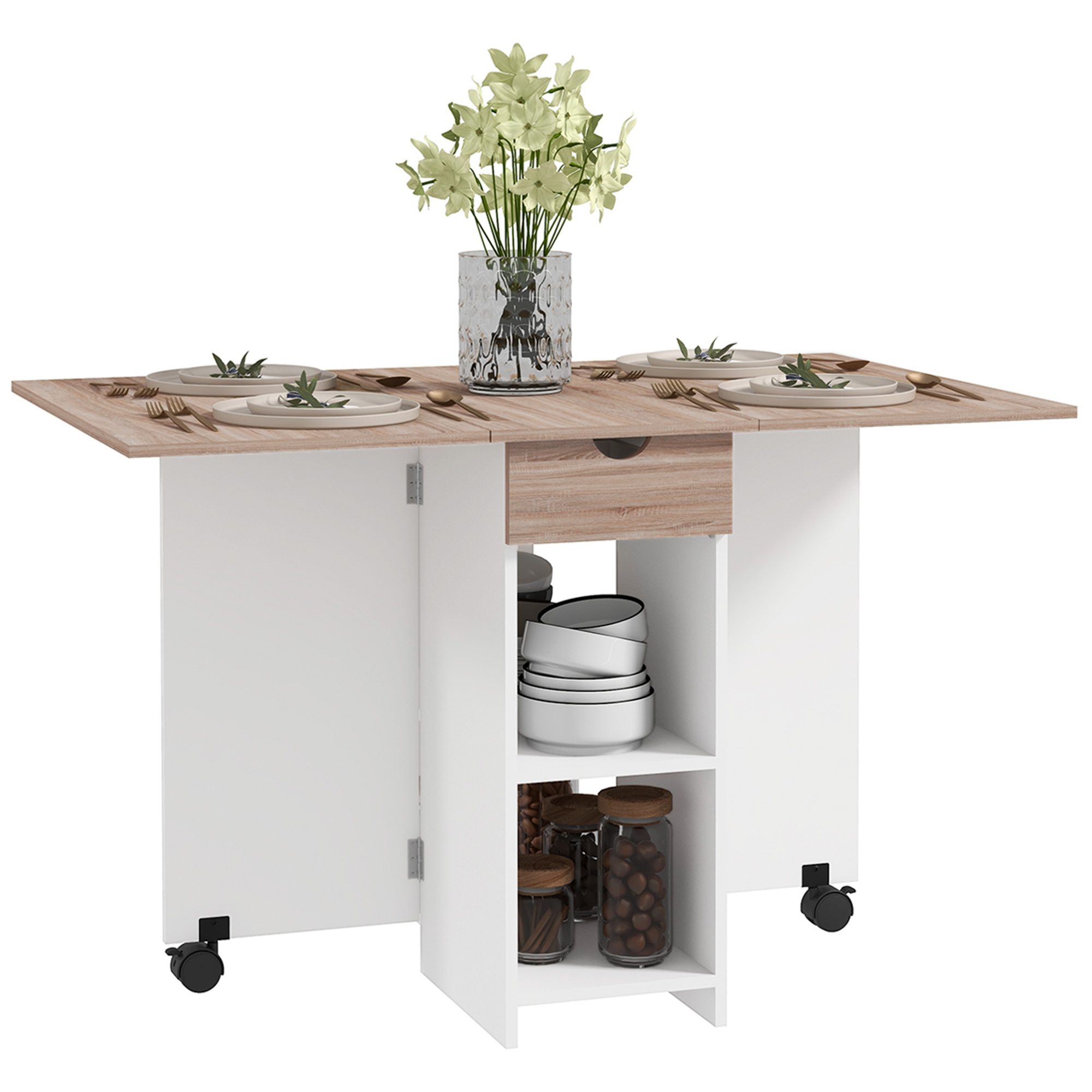 HOMCOM Ausziehbarer Esstisch, klappbarer Küchentisch für 2 bis 4 Personen, 2 Klappen, 120 x 72 x 75 cm Eiche